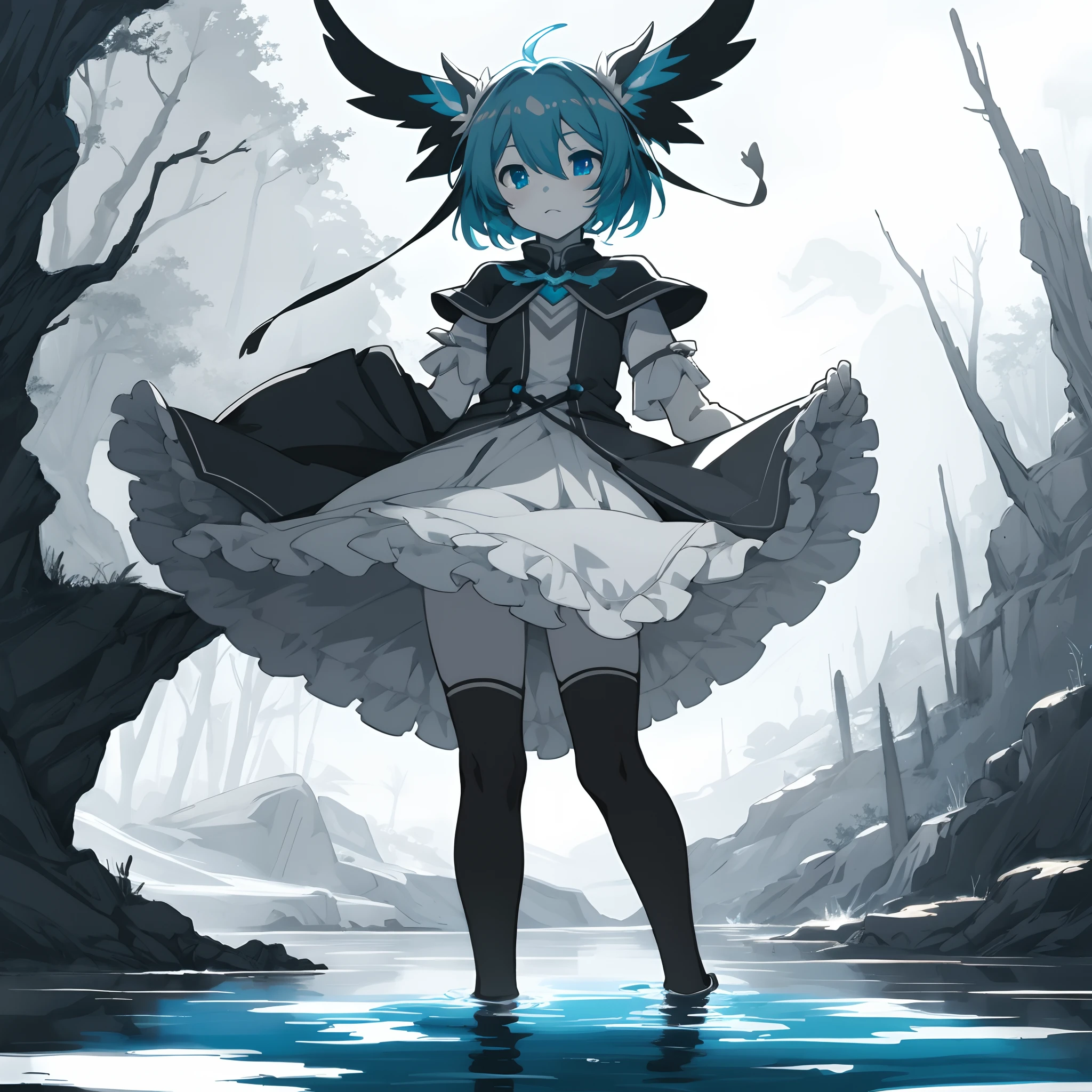 anime girl  standing on water's surface, fantasy art, grayscale phtoto with blue eyes, curtsy, curtsey, beautiful anime art style, high quality anime art, high quality anime artstyle, at pixiv,