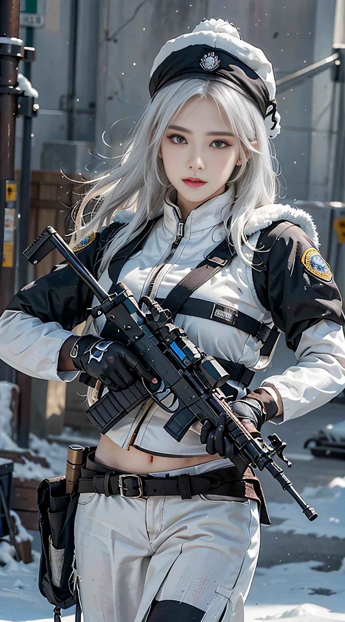 Photorealistic, high resolution, 1womanl, Solo,Snow background, looking to the camera, (Detailed face), White hair, SWAT vests, Gun, jewelry,Fingers are occluded