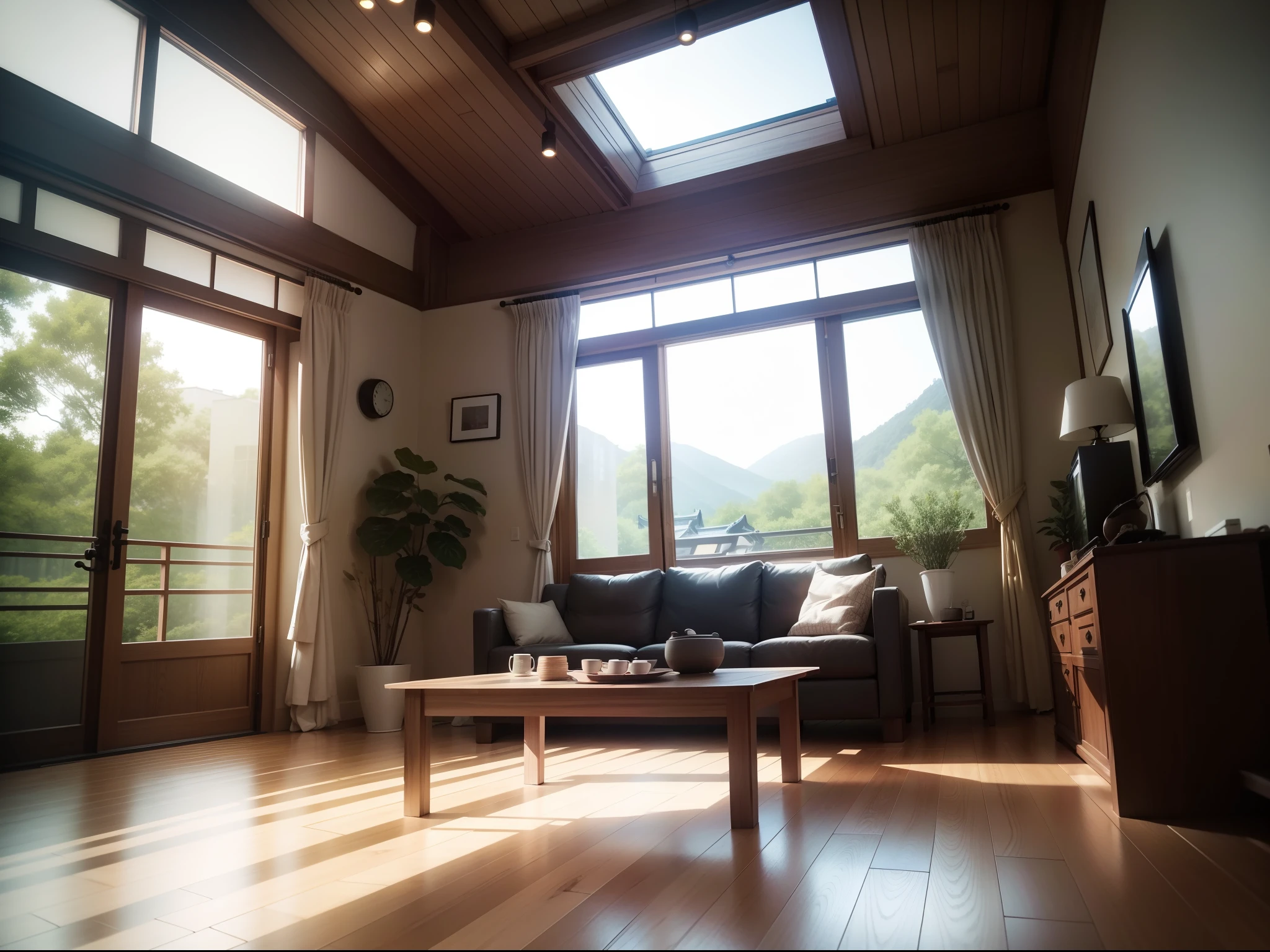 interior design、Insanely detailed wide-angle architectural photo、Cozy contemporary living room、(Bright and warm sunlight 1:0.1)、Award-winning contemporary interior design、landscapes、The table、a chair、in a house、Wooden flooring、window、resturant、east asian east asian architecture、sliding paper doors、abajour、architectural、the woods、naturey、cups、a plant、interior design、Insert lighting and shadows、depth of fields、low illuminance