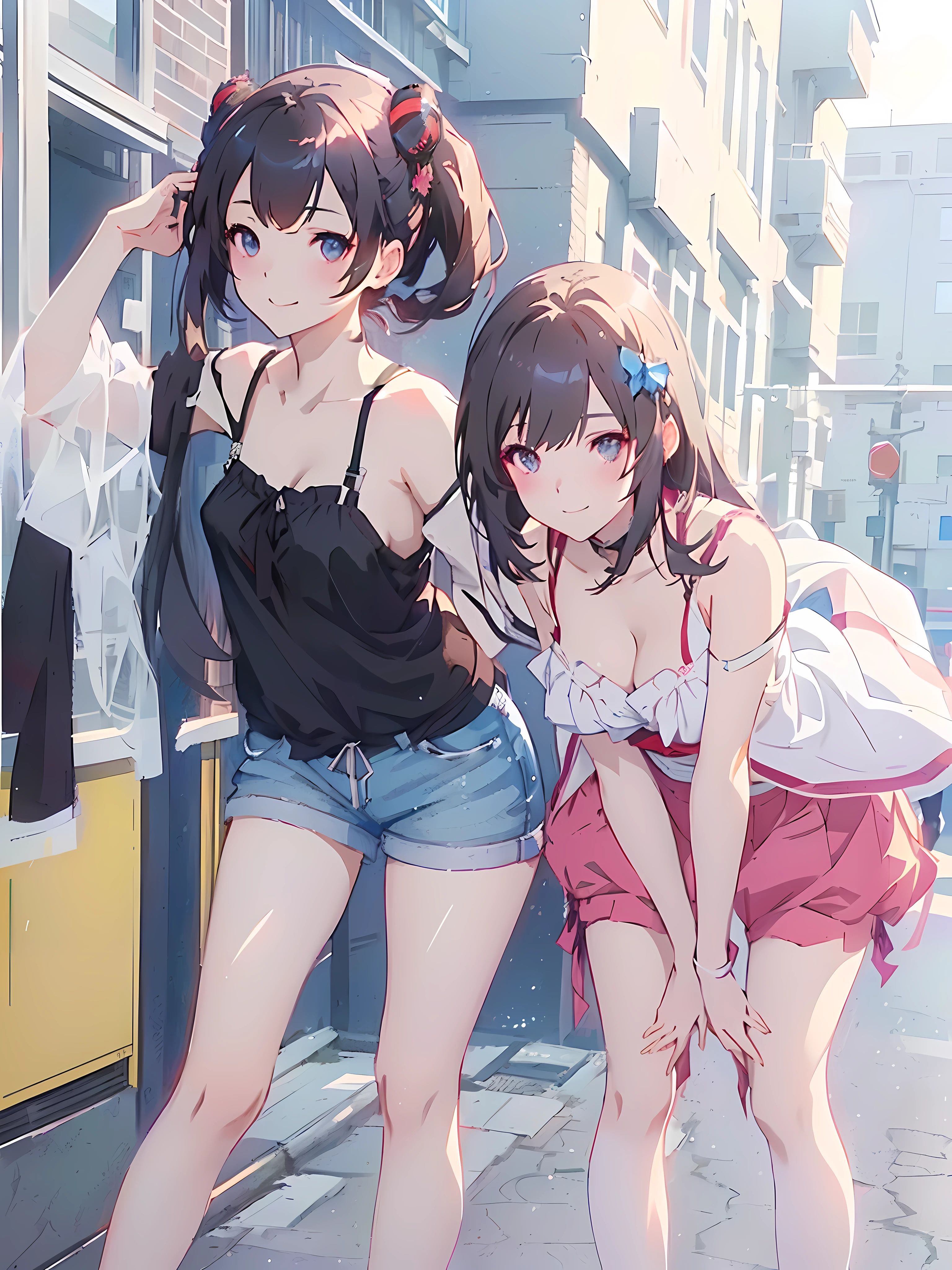 Anime girl standing on the side of the street with her back to the camera, artwork in the style of guweiz, guweiz, Anime Girls, Trending on CGSTATION, wlop and sakimichan, Anime style. 8K, kawacy, two beautiful anime girls, realistic anime 3 d style, guweiz on pixiv artstation、With smiling eyes、