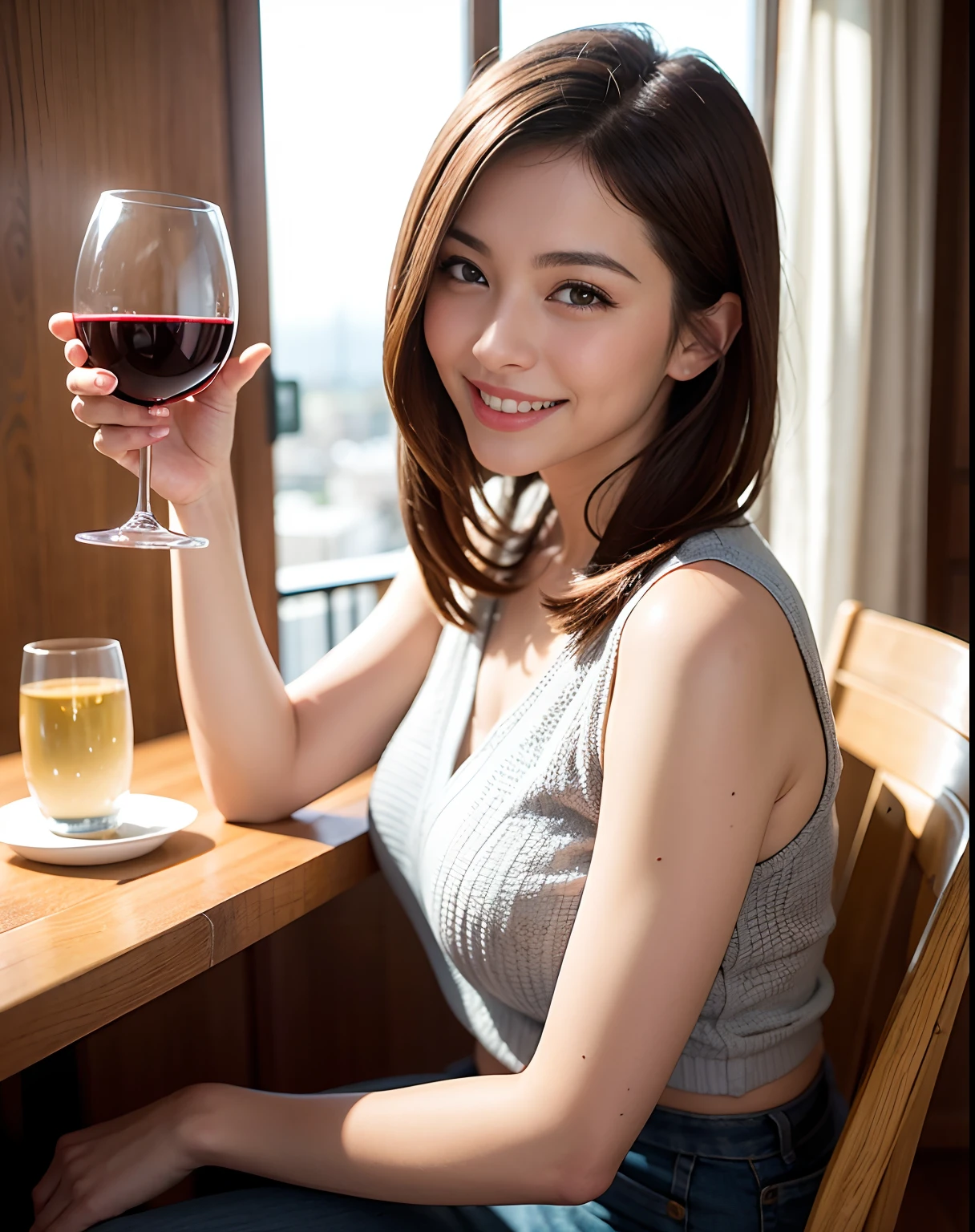 (64K, UHD, top quality, masterpiece: 1.2), (realistic, photorealistic: 1.37), super detailed, pretty woman 1 person, (slim face), (slim body), (brown hair), (short cut), cheeks slightly blushing, (44 years old), 38 years old, solo, beautiful detailed urban night view outside the window, restaurant, wine glasses sit, at night, in a prominent placeNovaFrogStyle, Actress, Model, Waist Up, White Wine, Slim, Wine Glass, Super Clean Night View, Wine Glass Put in the Middle, Happy Smile, (Smile: 1.15), Beautiful Fine Eyes, Upper Body, Bust Japan Up, Night, Short, Short, Actress, Model, Waist Up, White Wine, Slim, Wine Glass, Super Clean Night View, Wine Glass Put in the Middle, Happy Smile,