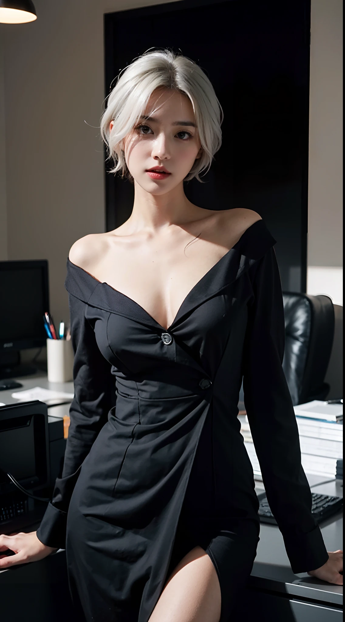 Beautiful woman wearing black office lady suit, detailed body, realistic white hair, short wavy hair, purple eyes, average breasts, slender body