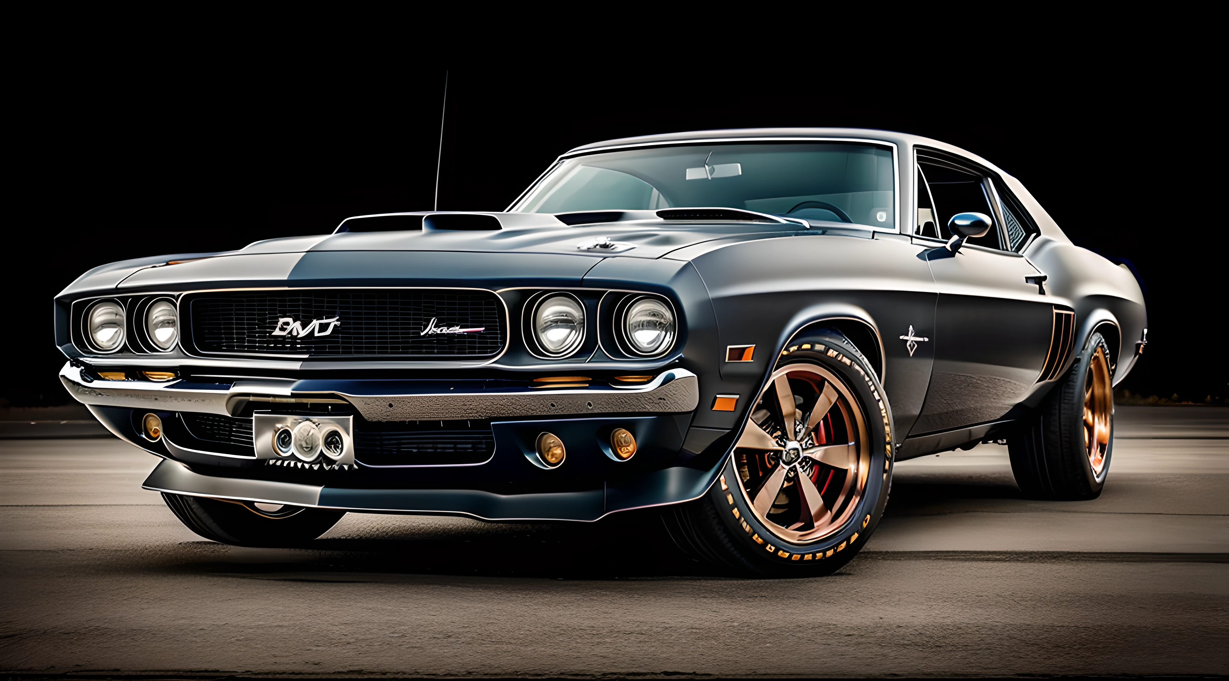 "Generate an ultra-high definition image capturing a wide view of a classic muscle car exuding raw power, featuring rugged pipes jutting out from the vehicle's imposing frame. Employ advanced depth-of-field techniques to ensure every facet of the car's design is intricately detailed, from the steampunk-inspired elements to the matte finish that exudes vintage charm.
Position the camera to showcase the muscle car from a slightly low angle, enhancing its commanding presence and emphasizing the imposing height of the rugged pipes. Utilize a wide-angle lens to capture the intricate steampunk details that adorn the car's body, creating a sense of mechanical artistry.
Employ soft, natural lighting to reveal the textures of the car's matte finish, bringing out its subtleties while minimizing glare. Utilize the rule of thirds to compose the image, placing the muscle car off-center to create visual interest and a balanced composition.
Experiment with exposure settings to maintain a perfect balance between highlights and shadows, showcasing the deep, rich tones of the car's matte color against the surrounding environment.
Capture the image during a moment of stillness, allowing the viewer to appreciate the juxtaposition of the classic muscle car's bold design and the intricate, steampunk-inspired embellishments. Utilize post-processing techniques to enhance the image's contrast, sharpness, and color balance, ensuring that every aspect of this automotive masterpiece is rendered in breathtaking detail."