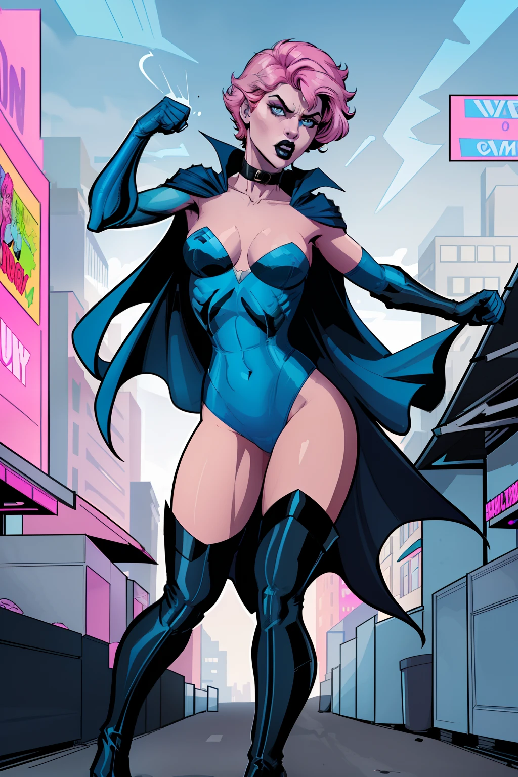 closup view of a woman, punching someone, day time, outside, city street in background, pale blue eyes, detailed short pink hair Short Side Comb haircut, angry expression, black lipstick, small tits, wearing a blue swimsuit, blue gloves, blue tall boots, blue cape with collar, comic book style, flat shaded, prominent comic book outline linework