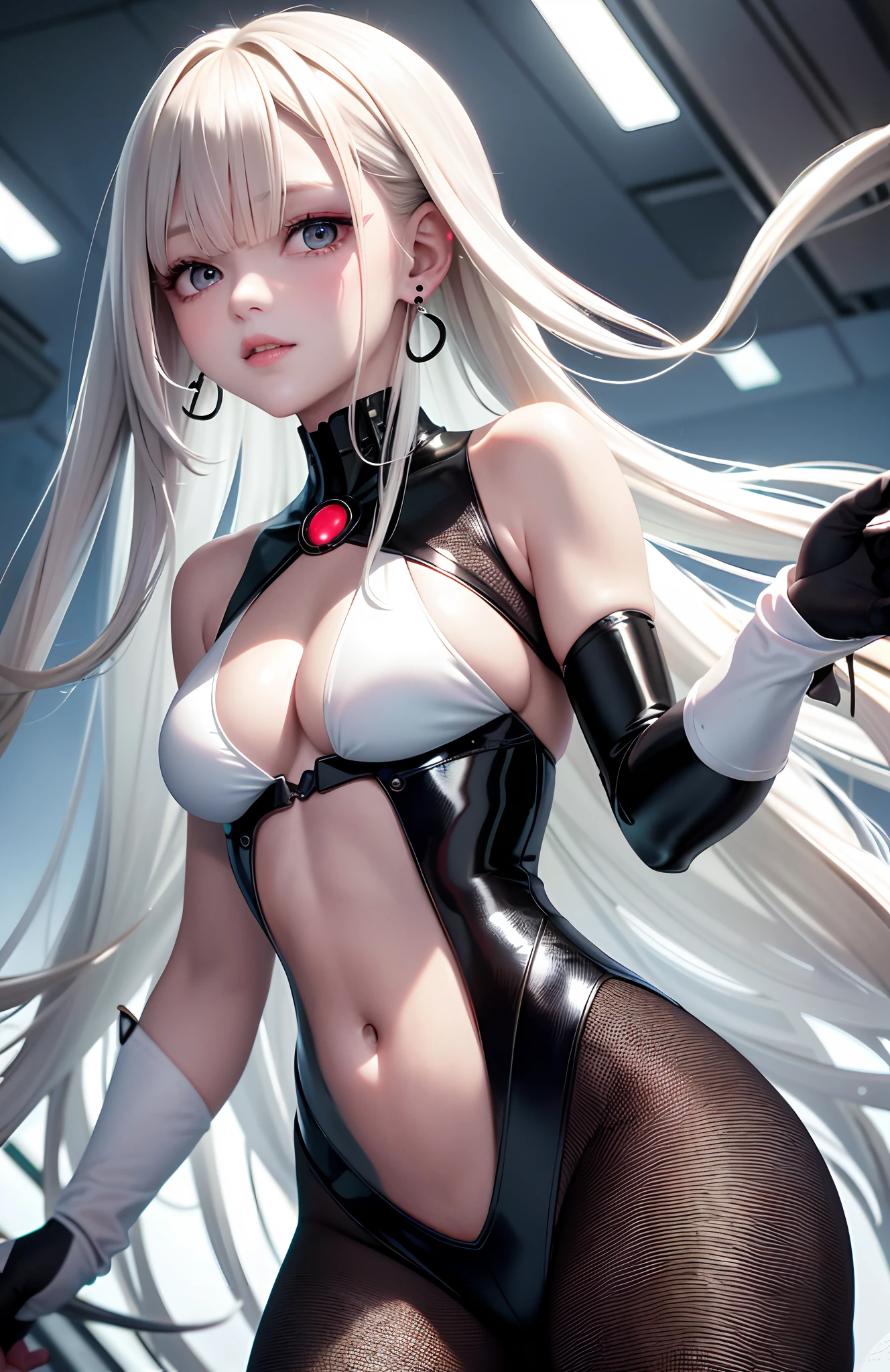 optimum,tmasterpiece,A high resolution,best qualtiy,hyper HD,super detailing,Award-Awarded,16k,独奏,(The upper part of the body),anatomy correct,Beautiful cyberpunk girl,cute face,,Gradient Beige Hair,Hairline,((Scarlet eyes)),long eyelasher,Hanging eye corners,White skin of the,(small boobs),(Slim body),((Women's extra short shawl jacket)),((tutu)),ear studs,(neck rings),(Laser material clothing:1.2)