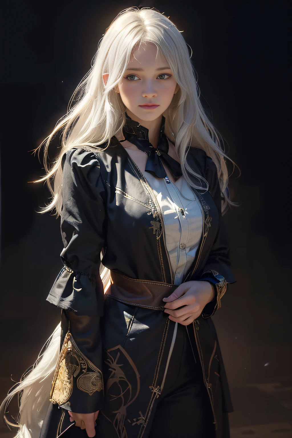 (front focus),(in the dark:1.6), Hyperrealist portrait of female by david hockney and alphonse mucha,fantasy art, photo realistic, dynamic lighting, artstation, poster, volumetric lighting, very detailed faces, 4 k, award winning,, 1girl, in the dark, deep shadow, low key,cowboy shot,(official clothing:1.4) ,long hair,white hair,