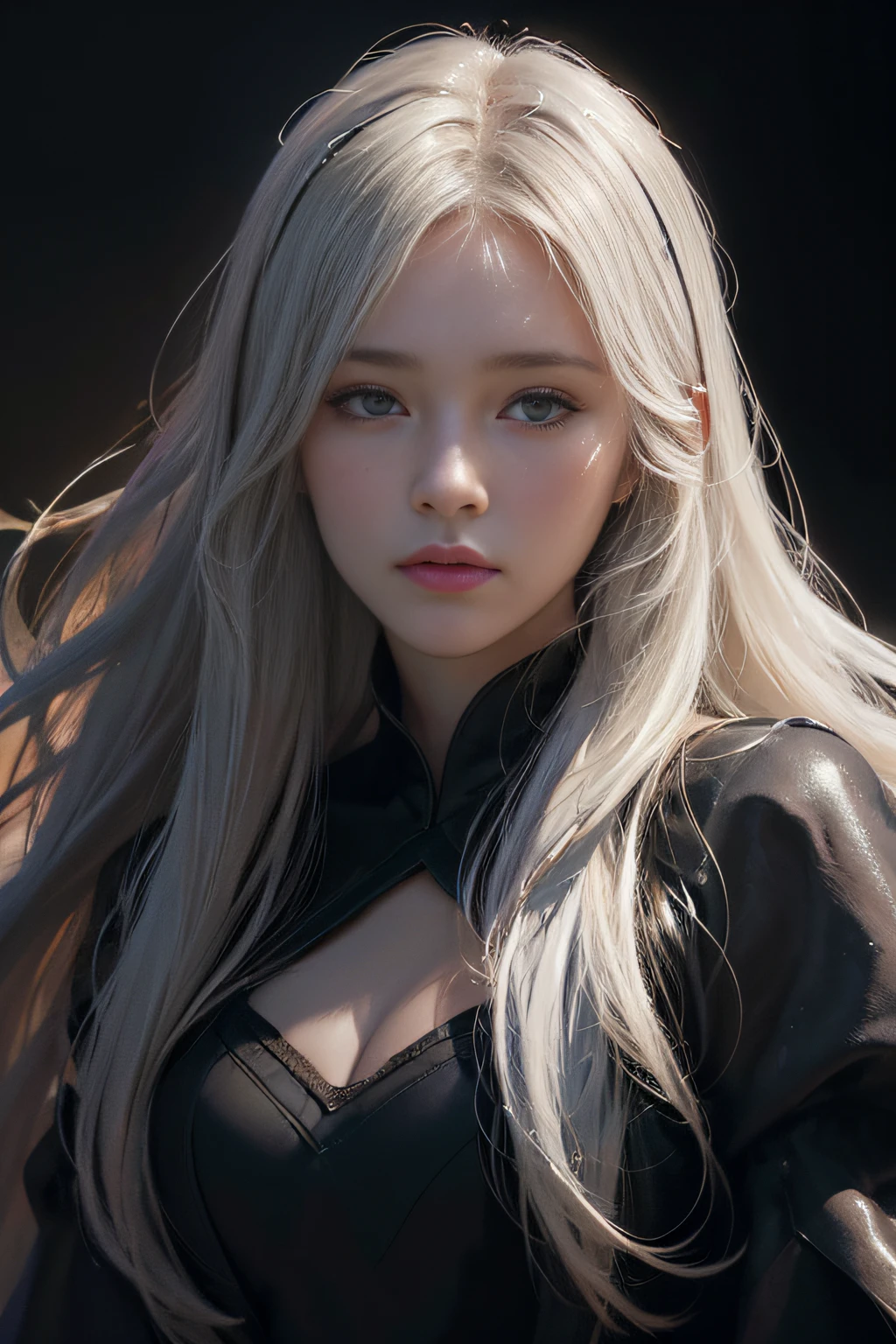 (front focus),(in the dark:1.6), Hyperrealist portrait of female by david hockney and alphonse mucha,fantasy art, photo realistic, dynamic lighting, artstation, poster, volumetric lighting, very detailed faces, 4 k, award winning,, 1girl, in the dark, deep shadow, low key,cowboy shot,(official clothing:1.4) ,long hair,white hair,