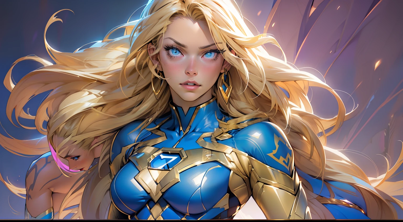 Sexy superheroine long blonde hair glowing blue eyes wears a blue outfit gold shoulder pads gold bracelets revealing abs midriff a Z symbol on her chest portrait photography by artgerm, in the style of realism, glistening skin, cartooncore, mangacore, natural lighting, Defined full lips. Muscular fitness feminine body (back view of the body)