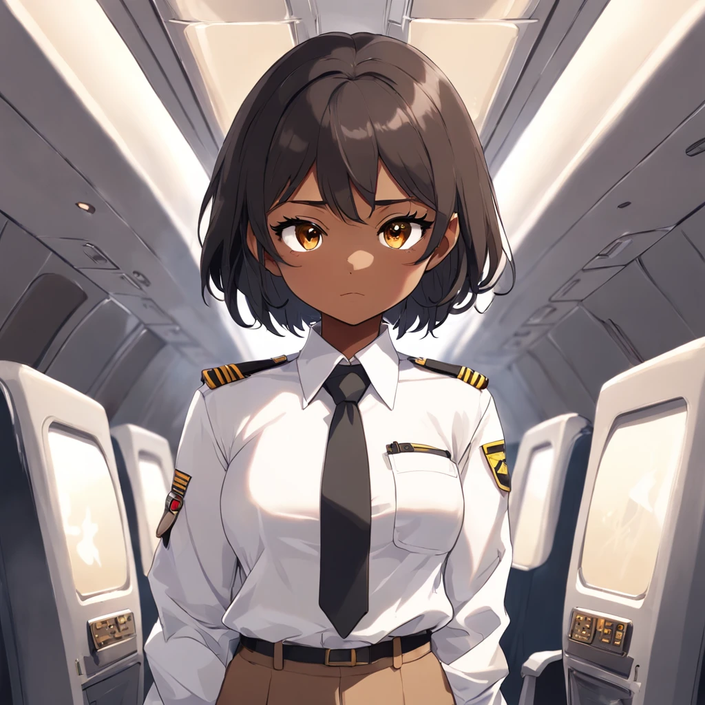 1girl, short black bob hair, yellow eyes, Round glasses, tan skin,DARK SKIN, BROWN SKIN, SHE HAS DARK BROWN SKIN, ite body, wearing plain white formal work shirt, wearing long black pants, business tie, absurdres, high res, ultrasharp, 8k, masterpiece, looking at viewer, cat ears, airline pilot uniform, airline pilot hat, white background, short sleeve, bangs, flat chest, whiskers, androgynous,