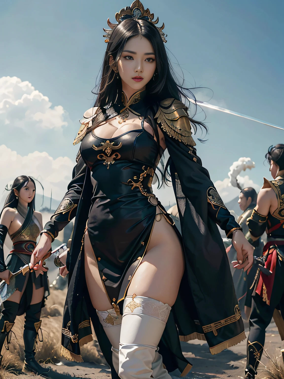 (tmasterpiece,High picture quality,Beautiful face,Oriental women,Eastern warriors,gallant woman,swordsmen,a matural female,Exquisite eye and facial details,Stand tall,Fairy-like appearance。,Beautiful embryos,Tulle cloth like white,Cloth boots and over-the-knee stockings display,Hanfu,Ancient wind,There is a slight smoke and mist around,Long black hair,Stunning beauty,Tallbody,Rich scene detail,Action,Wide buttock,Thick thighs)