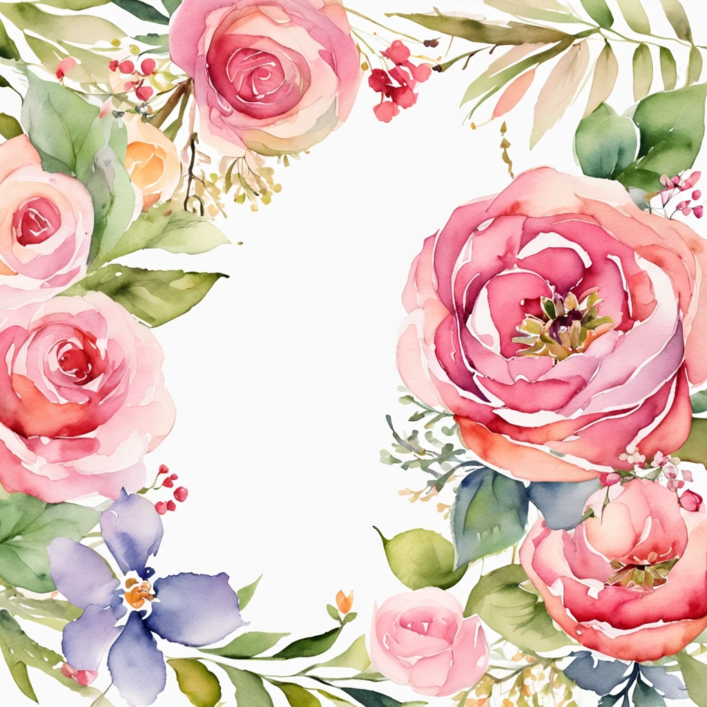 wreath, Floral frame, Delicate watercolor flowers in pink and vibrant rose tones, Engaging illustrations.