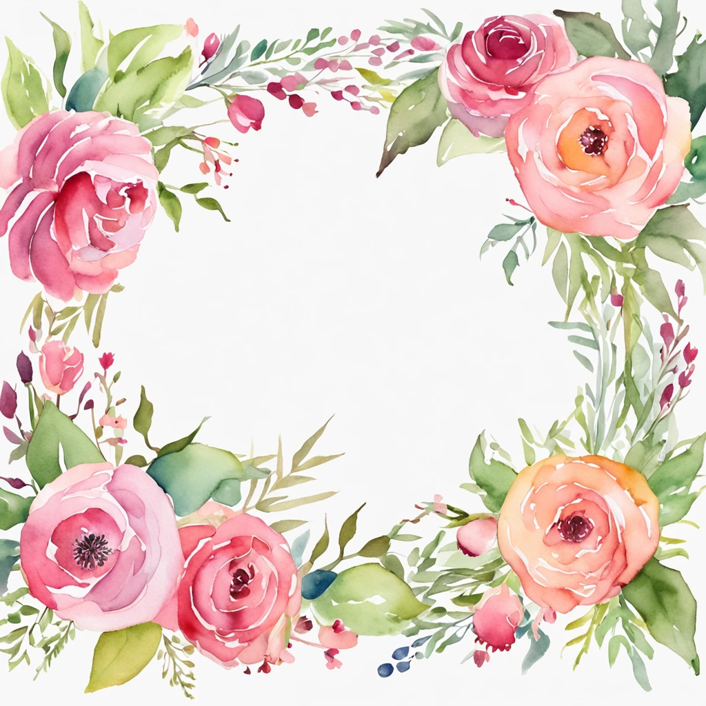 wreath, Floral frame, Delicate watercolor flowers in pink and vibrant rose tones, Engaging illustrations.