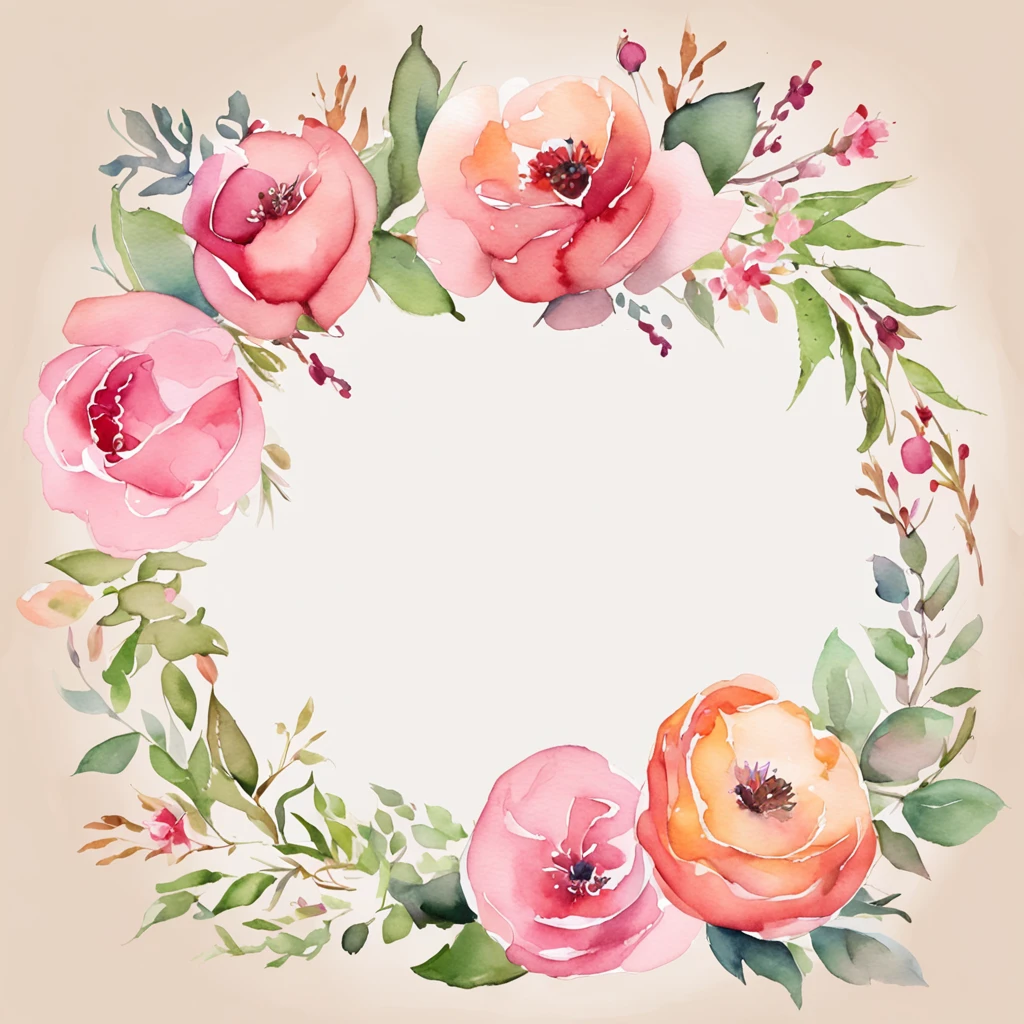 wreath, Floral frame, Delicate watercolor flowers in pink and vibrant rose tones, Engaging illustrations.