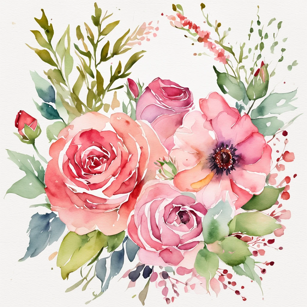 wreath, Floral frame, Delicate watercolor flowers in pink and vibrant rose tones, Engaging illustrations.