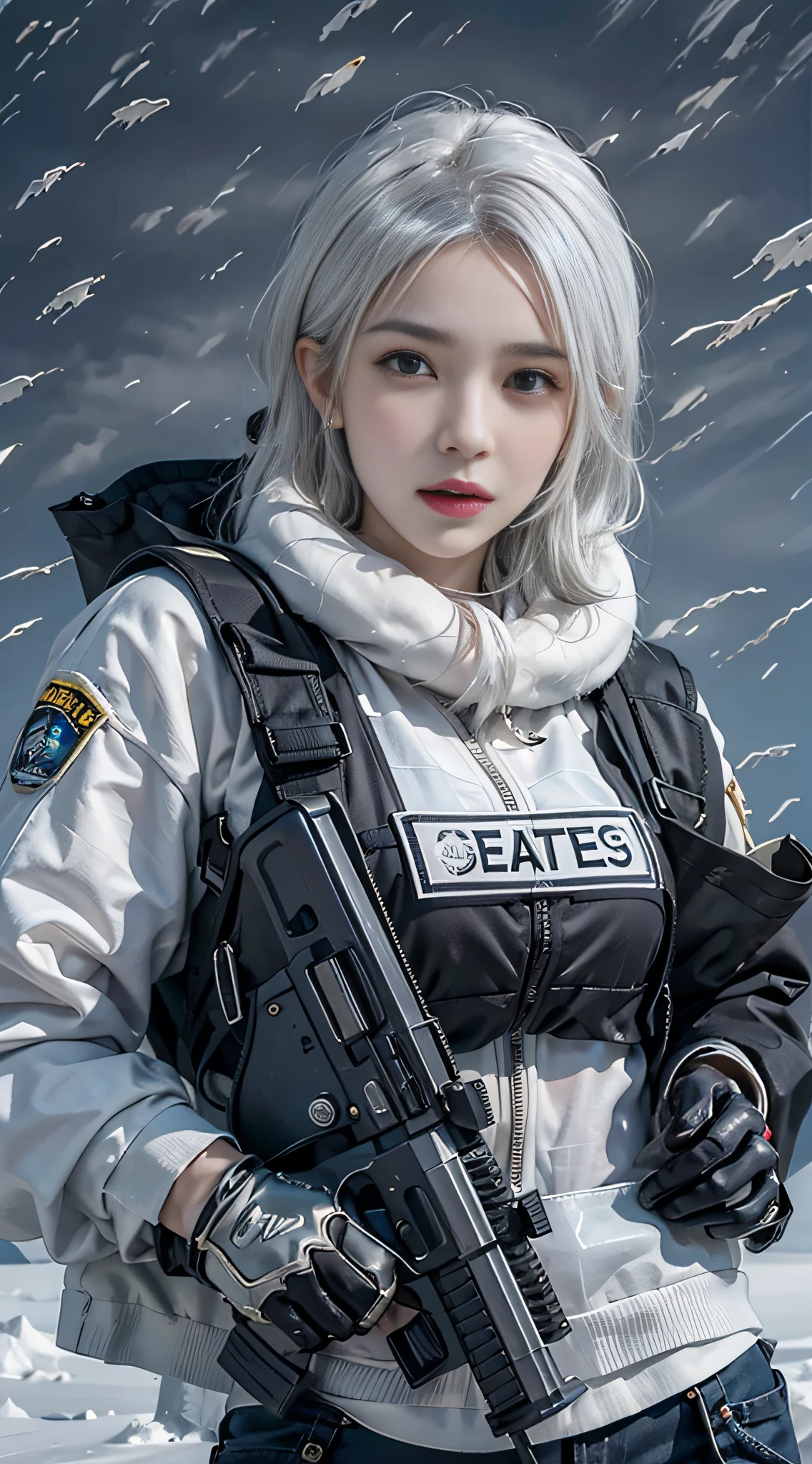 Photorealistic, high resolution, 1womanl, Solo, Hips up, Arctic snow background，looking to the camera，view the viewer, (Detailed face), White hair, SWAT vests, Gun, jewelry