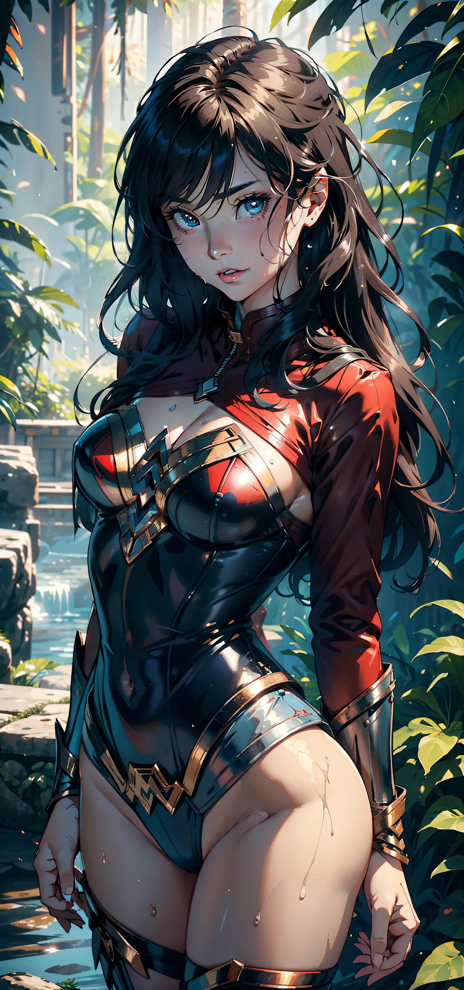 1female,,bit girl,smallunderboob ,nice hand,Pornographic exposure, 独奏,(Background with:ln the forest,the rainforest,in summer,Water on the ground,exteriors) ,Stride,Sweat profusely,drenched all over the body,seen from the front,blond straight hair , mostly cloudy sky,(((tmasterpiece),(Very detailed CG unity 8K wallpaper),best qualtiy,cinmatic lighting,detailed back ground,beatiful detailed eyes,Bright pupils,(Very fine and beautiful),(Beautiful and detailed eye description),ultra - detailed,tmasterpiece,)),face to the viewer,frontage,A high resolution,ultra - detailed)nakeness,Wipe off panties,revealing breasts,Bare genitalia, Bulge,Camel toes,Raised sexy,Lewd expression,Flushed complexion,Open-mouthed,frontage,wonder women(Wearing:red capelet,Wonder Woman uniform,Pantyhose)ssmile