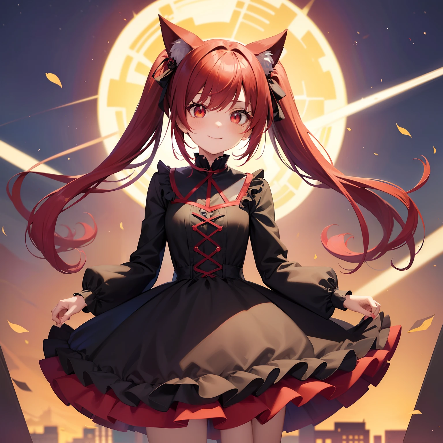 Anime filling,Two-dimensional illustration,Red hair,Half Twin Tail,shorth hair,Big eyes,A smile,a beauty girl,cute little,Super Cute,Black cat ears,Red Eyes,Ruffled Clothes,Black lace clothes,Inner colorGreen,One girl,Full body painting,A masterpiece of 2D art,(​masterpiece,Top image quality:1.3),(detaile:1.2),(女の子1人),Standing Picture