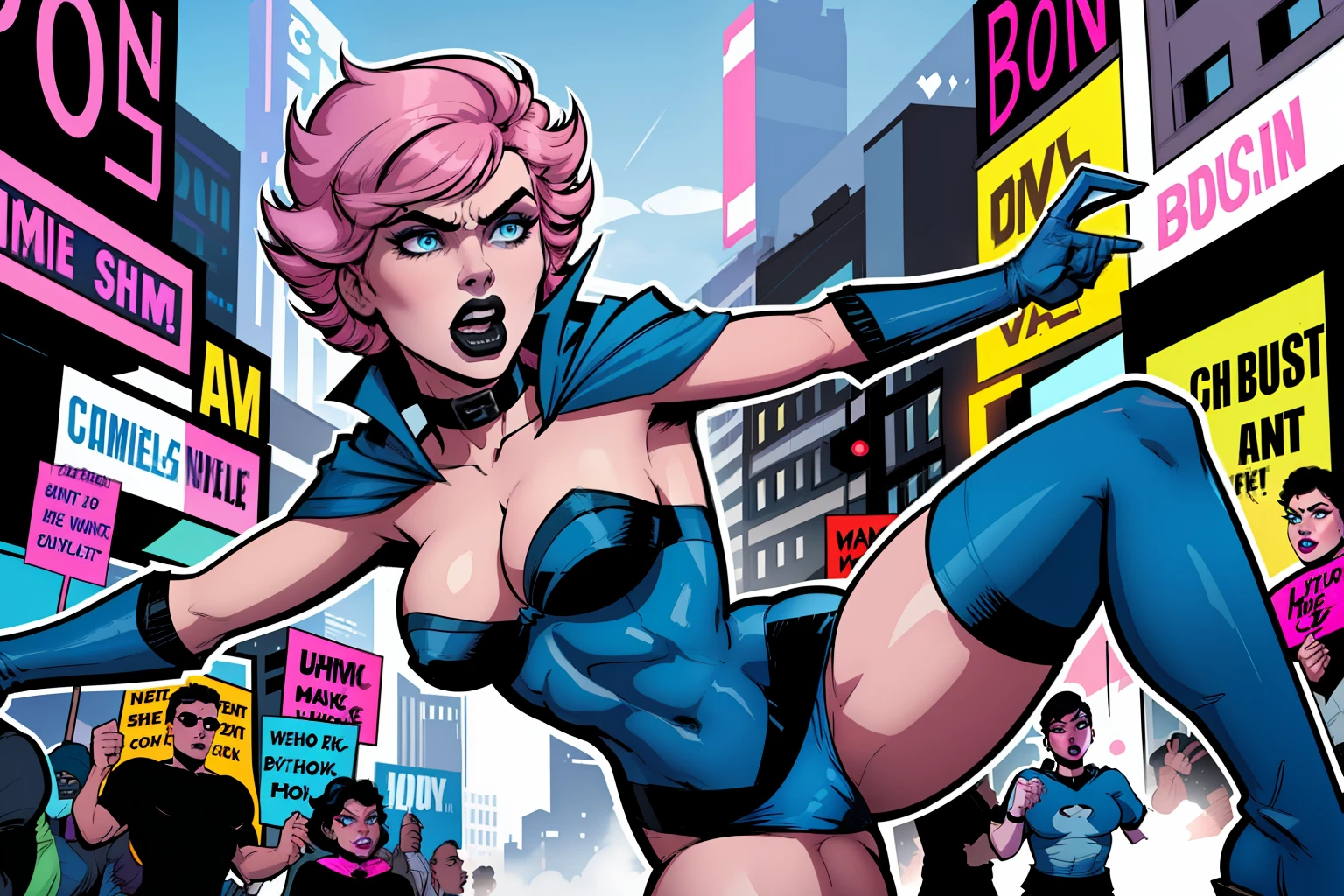 closup view of a woman, punching someone, in middle of a crowd, protest, day time, outside, city street in background, pale blue eyes, detailed short pink hair Short Side Comb haircut, angry expression, black lipstick, small tits, wearing a blue swimsuit, blue gloves, blue tall boots, blue cape with collar, comic book style, flat shaded, prominent comic book outline linework