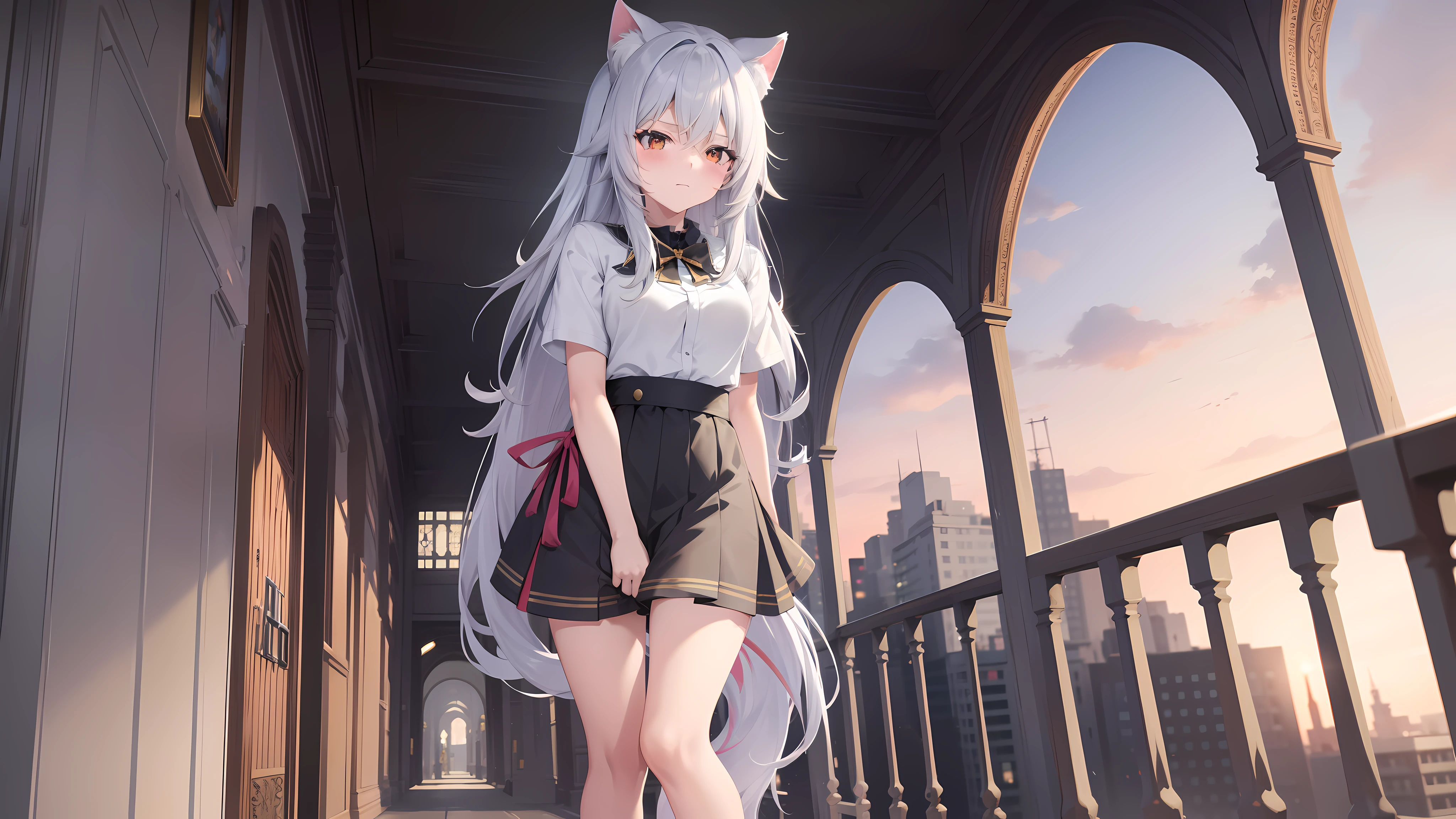 Anime masterpiece, Best quality, High_Resolution, High up detail, Extremely detailed and beautiful, 1 girl, Solo, Top perspective, Silver hair, The iris of the left eye is red, The iris of the right eye is orange/gold, Cat ears, Cat tail, in public, wearing short skirt, arms back behind, Leaning forward.