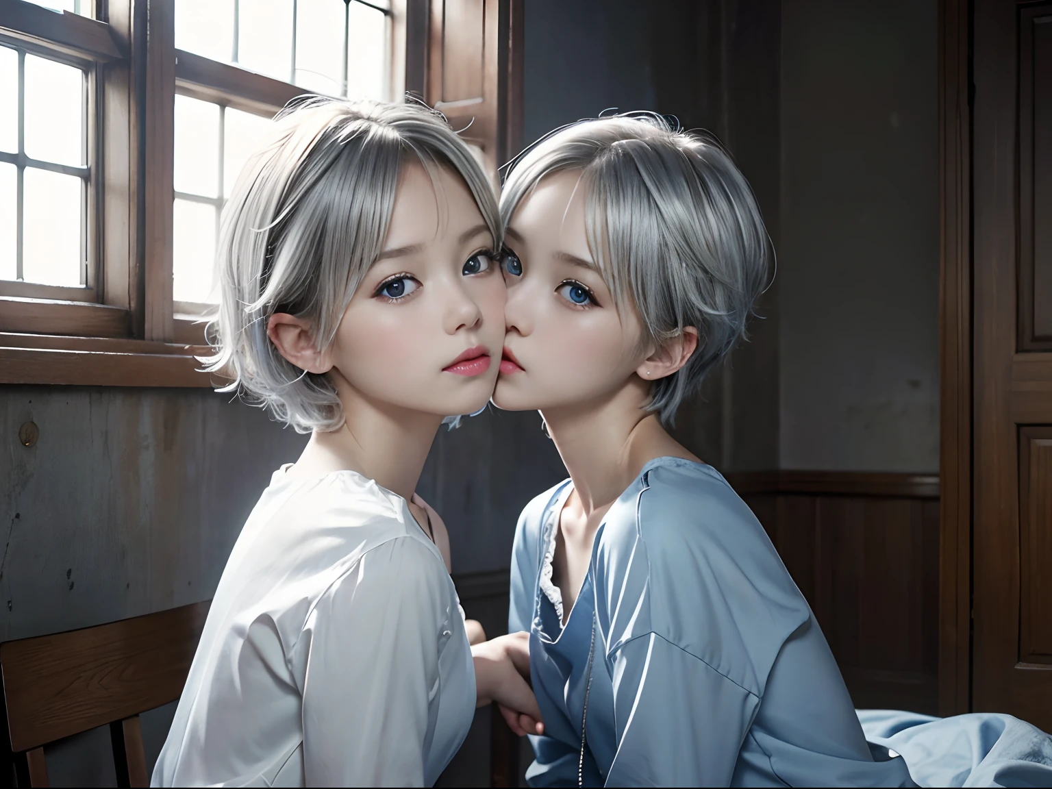(Masterpiece, best picture quality, HD wallpaper), beautiful girls are sitting ,Infirmary、 silver short hair, blue eyes, ,12yosing
