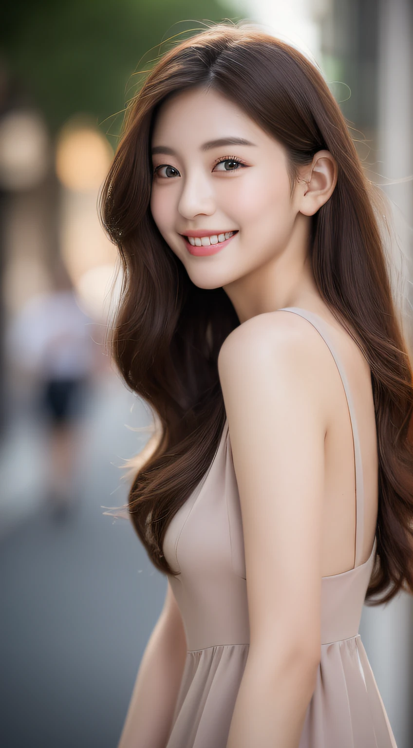 ((Best quality, 8k, Masterpiece :1.3)), 1girl, smiling, full body, slim face, Pretty woman, (Dark brown hair), full length dress :1.1, Ultra-detailed face, Detailed eyes, Double eyelid, blur background, slim face, city, outside, street,