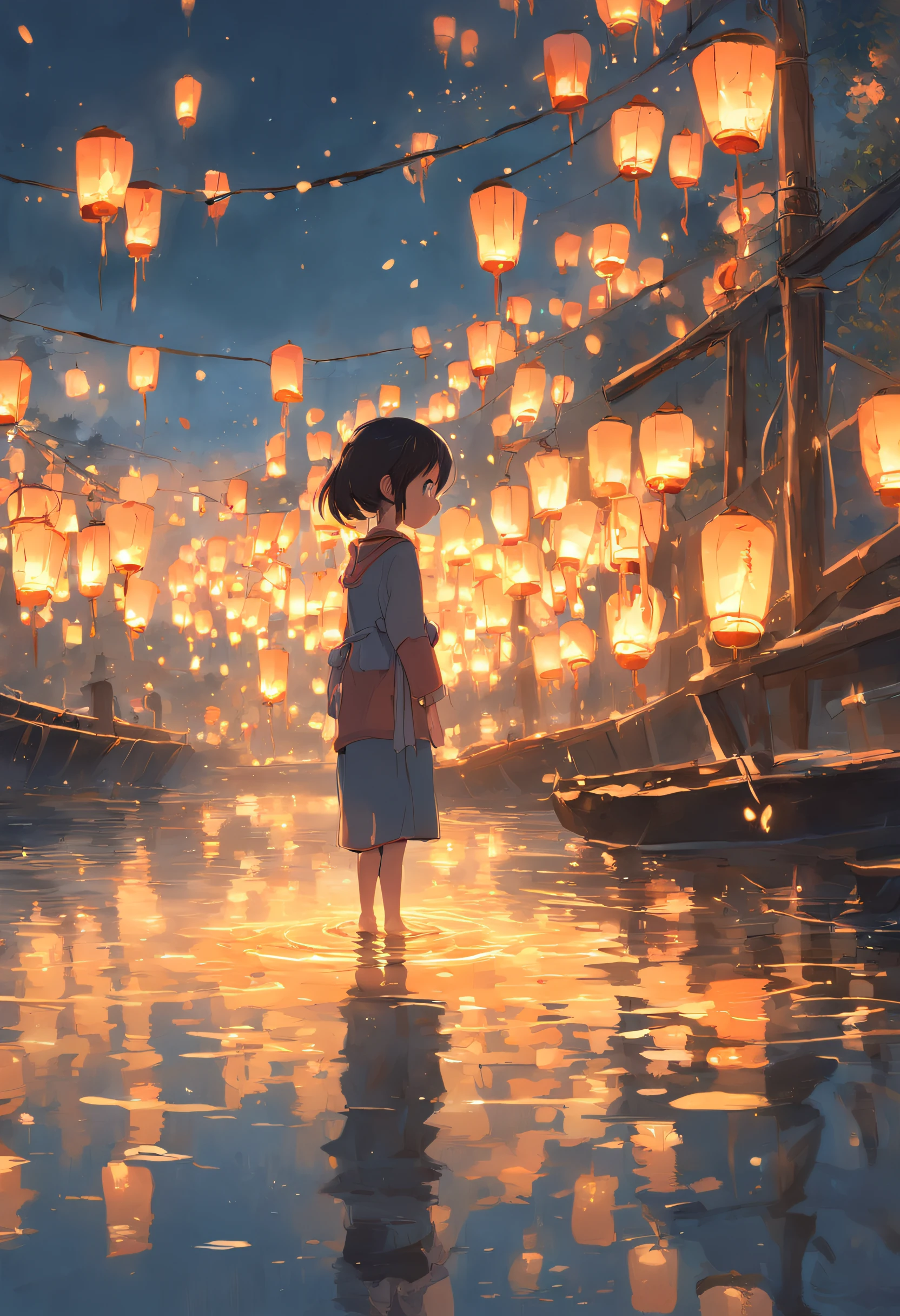 putting river lamps by the river,Many lanterns were lit on the surface of the water, Floating lights, cinematic light and reflections, Glowing lights! Digital painting, glowing reflections, pondering. By Makoto Shinkai, Floating lanterns, calm evening. Digital illustration, beautiful ambiance, evening lanterns, serene evening atmosphere, Beautiful digital artwork, low details. Digital painting, beautiful ambiance --auto --s2