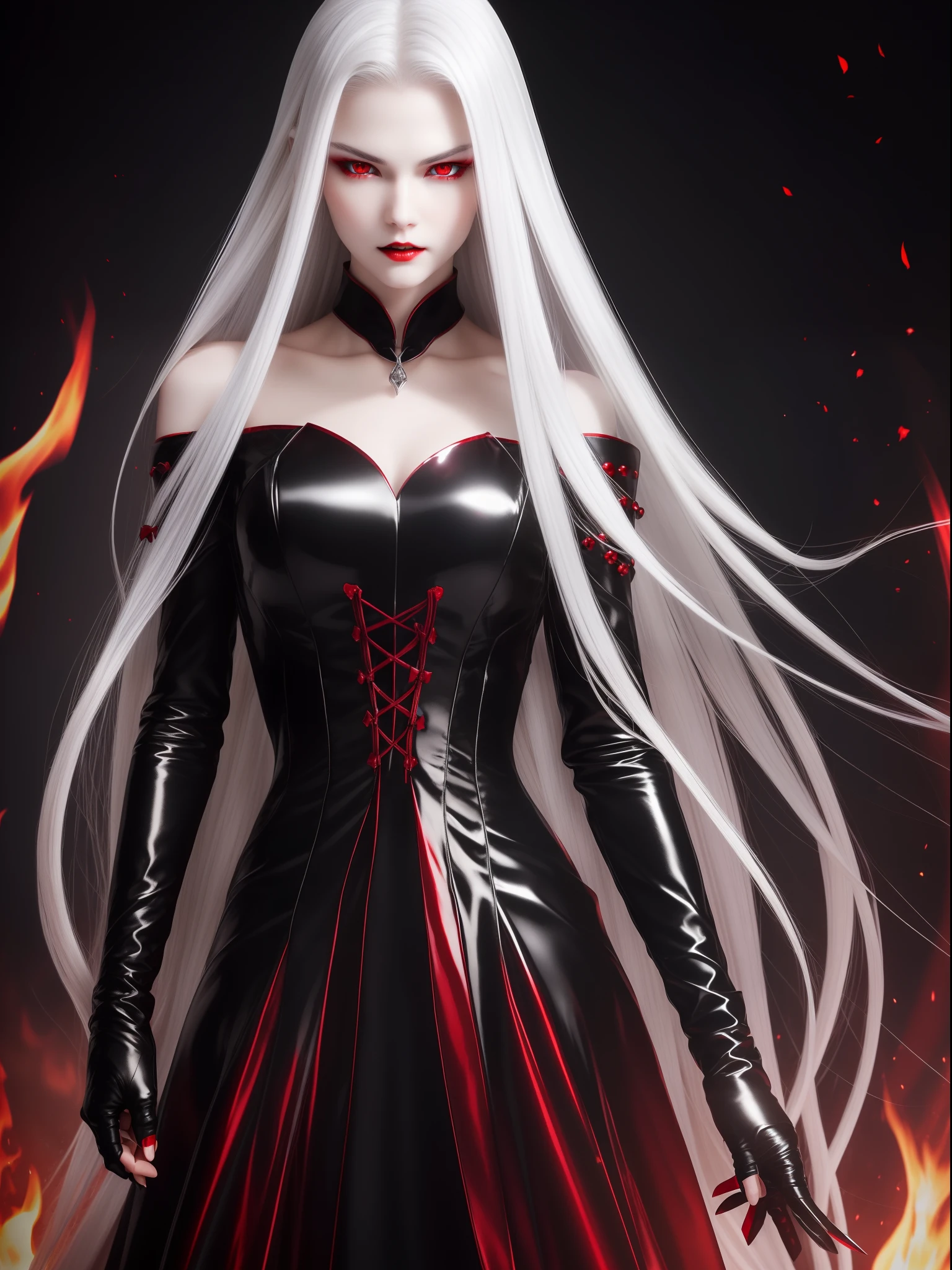 (Vampire、(Fair skin)、(Snow-white skin)、Silver hair long hair、(eyes glowing red)、red pupils、Golden Eyes、ruthless look、Jet black dress、Beautiful figure、Perfect Style)、Red Flame