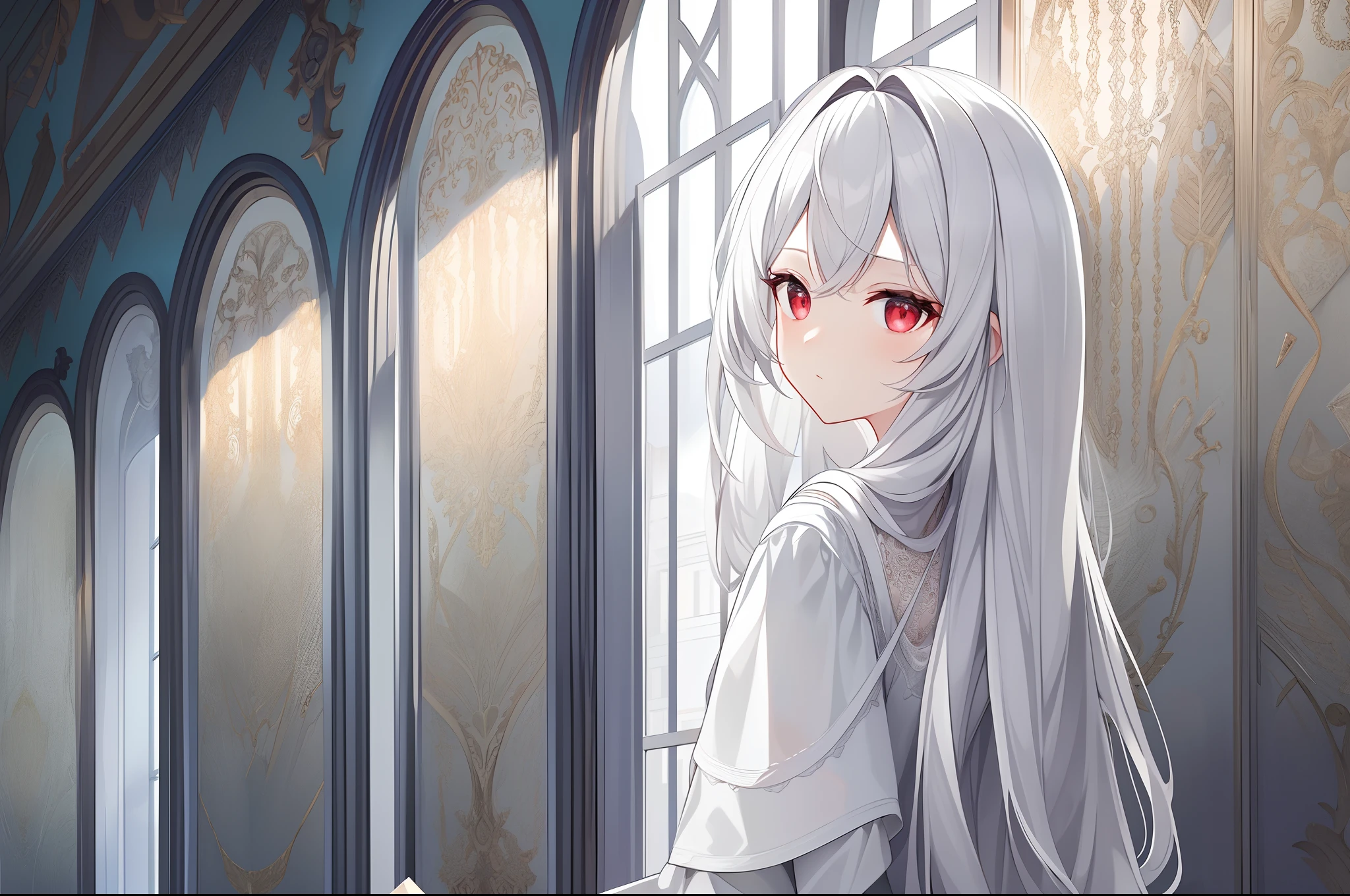((Masterpiece, Best quality))++, Detailed light+, Detail hair+, detail hand+ ,1girll, woman, Long hair, dark red eye, Beautiful eyes, Young gray hair,,(Beautiful white hair:1.5),(Beautiful detailed eyes), , high resolution+, Masterpiece, , Glass tones, Reflective eyes, {{Angle}} , extremelydetailedwallpaper, Original,full bodyesbian,Bedrooms,upper legs, Beth,starrysky,Issuing,,swim wears,,naturey