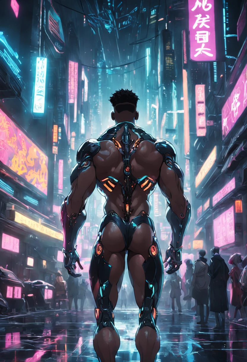 Image 4K black man in cyberpunk scene part robot