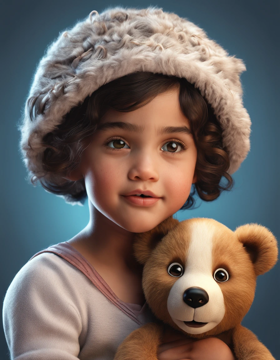 cute babyisabelmoner-smf, dora, with bear Teddy, shiny eyes, fantasy style, intricate details, realistic portrait drawing, white background --ar 2:3