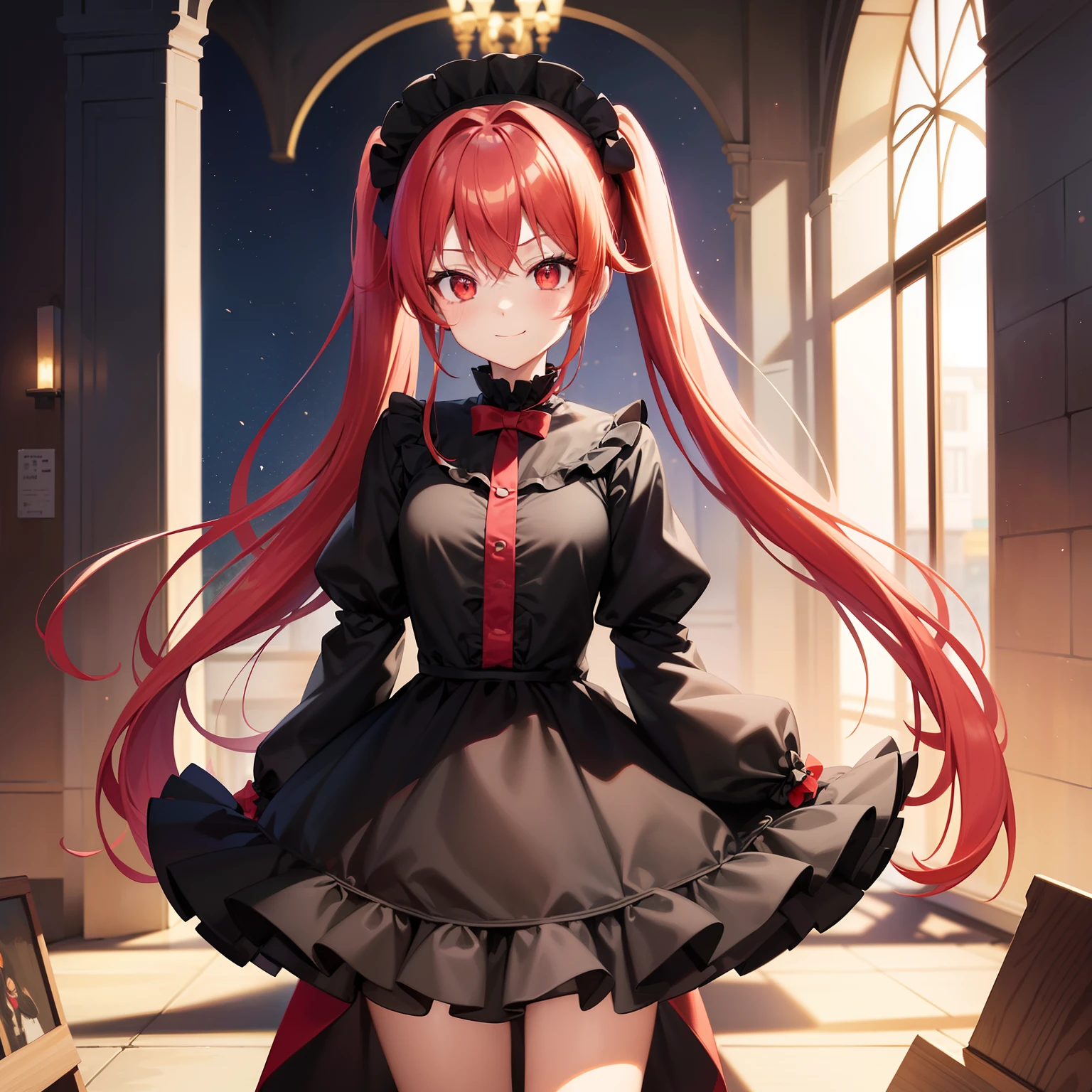 Anime filling,Two-dimensional illustration,Red hair,Half Twin Tail,shorth hair,Big eyes,A smile,a beauty girl,cute little,Super Cute,Black cat ears,Red Eyes,Ruffled Clothes,Black lace clothes,Inner colorGreen,One girl,Full body painting,A masterpiece of 2D art,(masterpiece,Top image quality:1.3),(detaile:1.2),(1人),Standing Picture