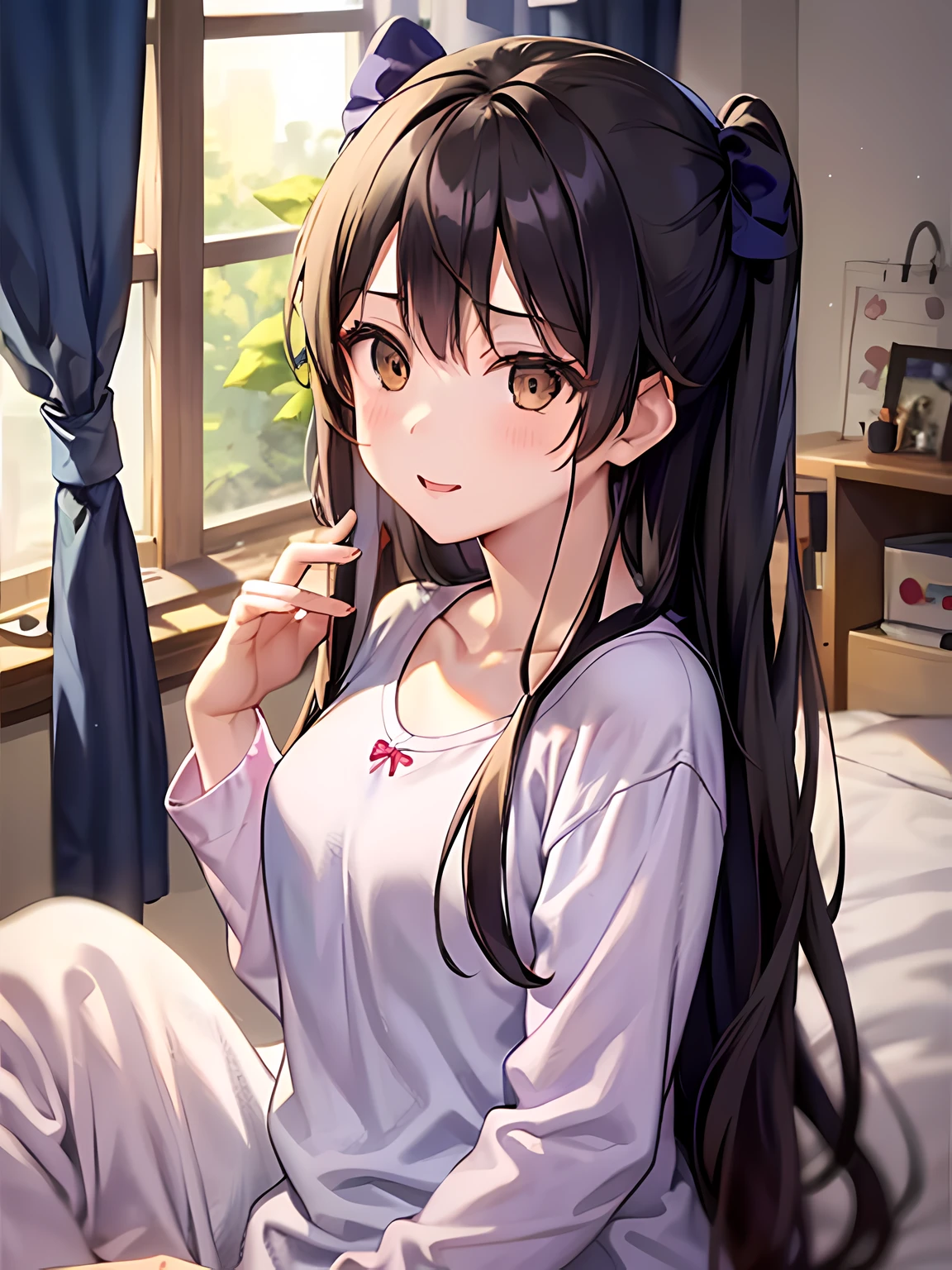 Girl Wearing Loungewear、length hair、brown-eyed、Dark hair、inside in room