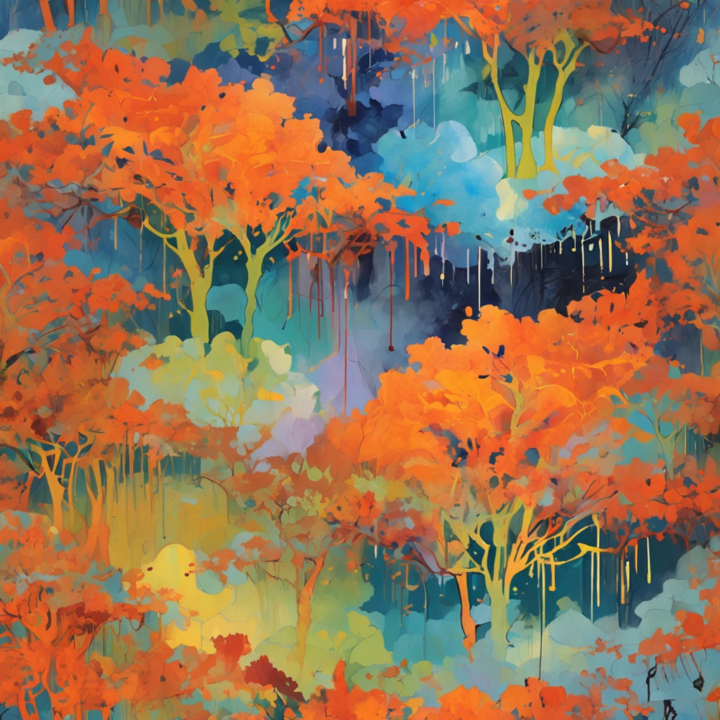 Intricate painting details of Japanese forests, by range murata, galaxy in background, Clouds, vivd colour, High contrast, Mountain, vector line art, orange highlights, trending in pixiv, anime concept art, Stick, Mattire, high high quality, Edge to edge, Sanskrit