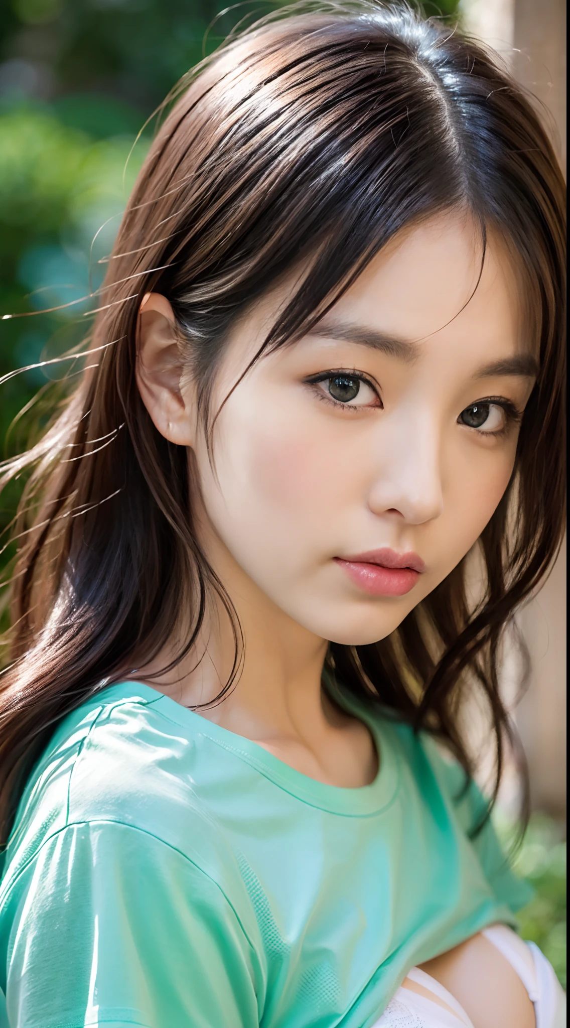 (masutepiece:1.3), (8K, Photorealistic, Raw photography, Best Quality: 1.4), japanse, Beautiful face, (Lifelike face), (Farbe々Hairstyle:1.3), Realistic eyes, Beautiful eyes, (realskin), Beautiful skin, Ultra high definition, Hyper-realistic, hight resolution, Beautiful Japan Woman、(tshirts:1.5)、(Attention aside:1.4)、(The bra is slightly visible through the gap:1.2)、Shy face、