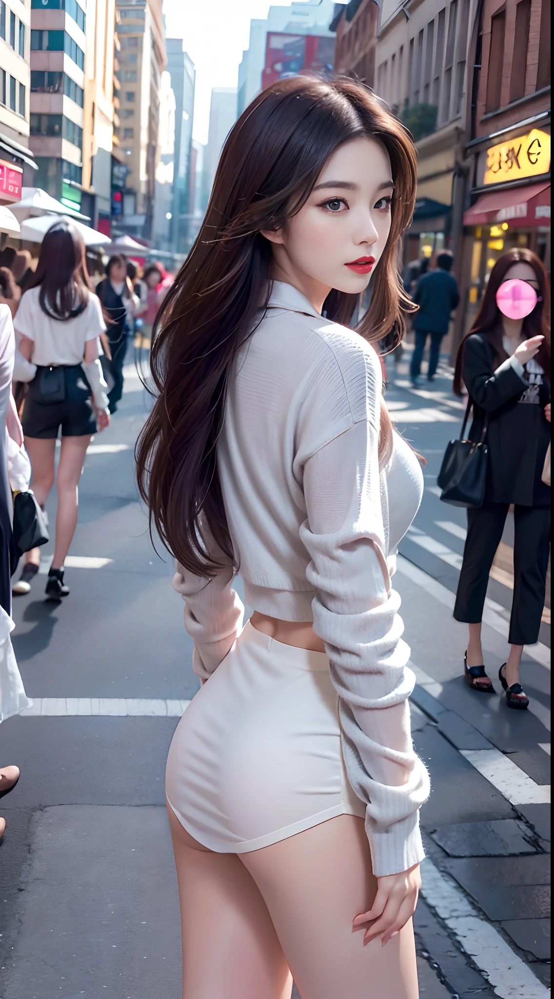 Urban Beautiful Girl College Student,tmasterpiece,Light makeup,Redlip,Silvery hair,Messy long hair,streets background,gracefulness,Elegance。ultra fine detailed,Works of masters,The face of the city and the country,Authentic texture,Cinematic lighting realism,perfect works,8K,k hd,Delicate facial features,Slim figure,Big bright eyes,Smooth skin,stick out buttocks