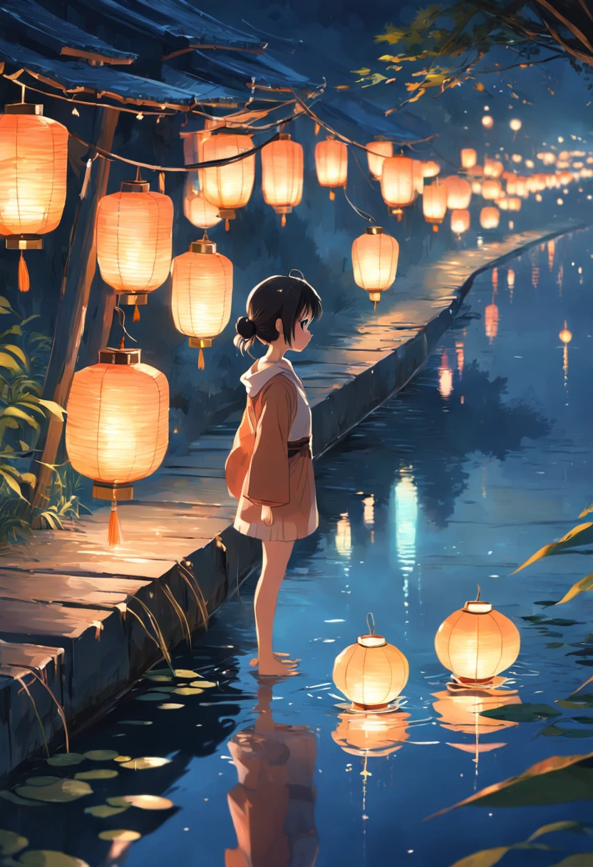 putting river lights on the bank of the river,Many lanterns were lit on the surface of the water, Floating lights, cinematic light and reflections, Glowing lights! Digital painting, glowing reflections, pondering. By Makoto Shinkai, Floating lanterns, calm evening. Digital illustration, beautiful ambiance, evening lanterns, serene evening atmosphere, Beautiful digital artwork, low details. Digital painting, beautiful ambiance --auto --s2