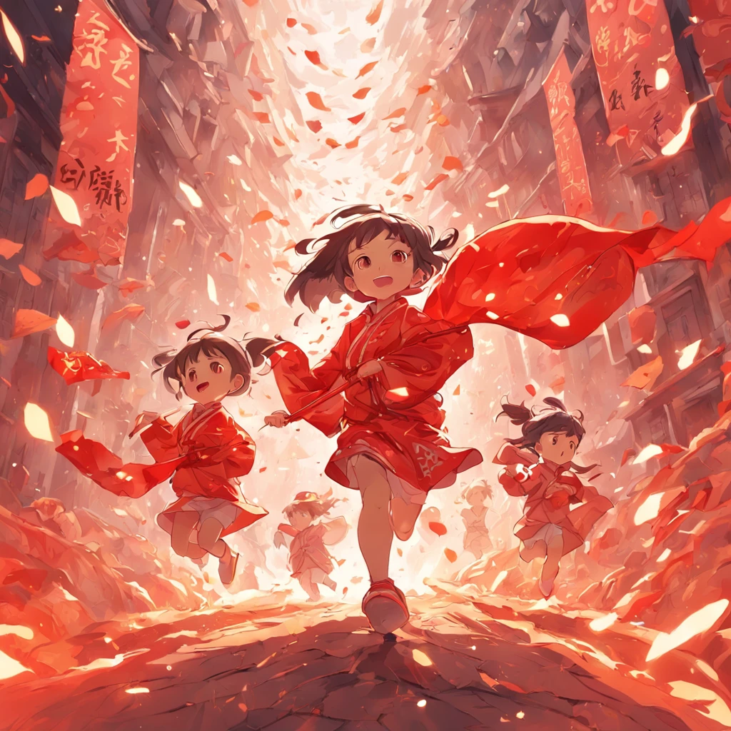 (White background:1.4),(Under the five-star red flag,3 small children running,cheerfulness, Oriental elements),(Chinese illustration:1.3,paper art:1.3, Quilted paper art:1.2),( reasonable design, Clear lines, High sharpness,Best quality, Very detailed, Masterpiece, movie light effect, 4K )