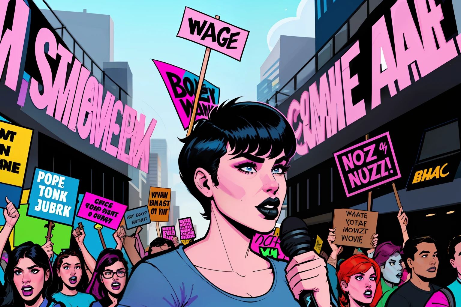 protest, woman, protesting, crowd, short buzz cut hair, fat, black lipsticks, wearing a blue shirt, city street, people wearing pink and blue clothes, comic book style, flat shaded, prominent comic book outline linework