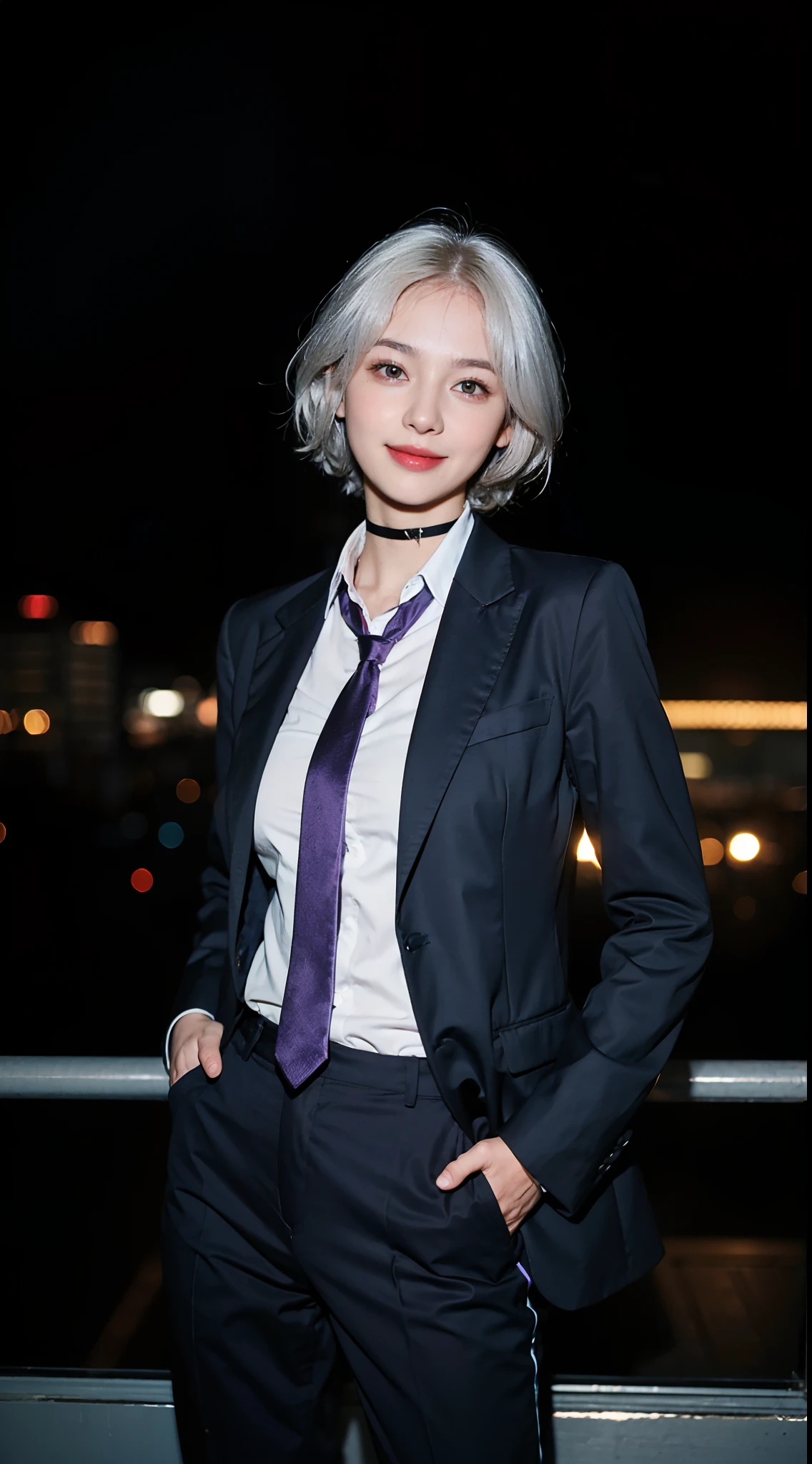 (masterpiece, best quality:1.2), cowboy shot, solo, 1girl, realistic white hair, short wavy hair, purple eyes, average breasts, slender body, light smile, looking at viewer, hands in pockets, dark business suit, necktie, black pants, choker, office, night light, night time
