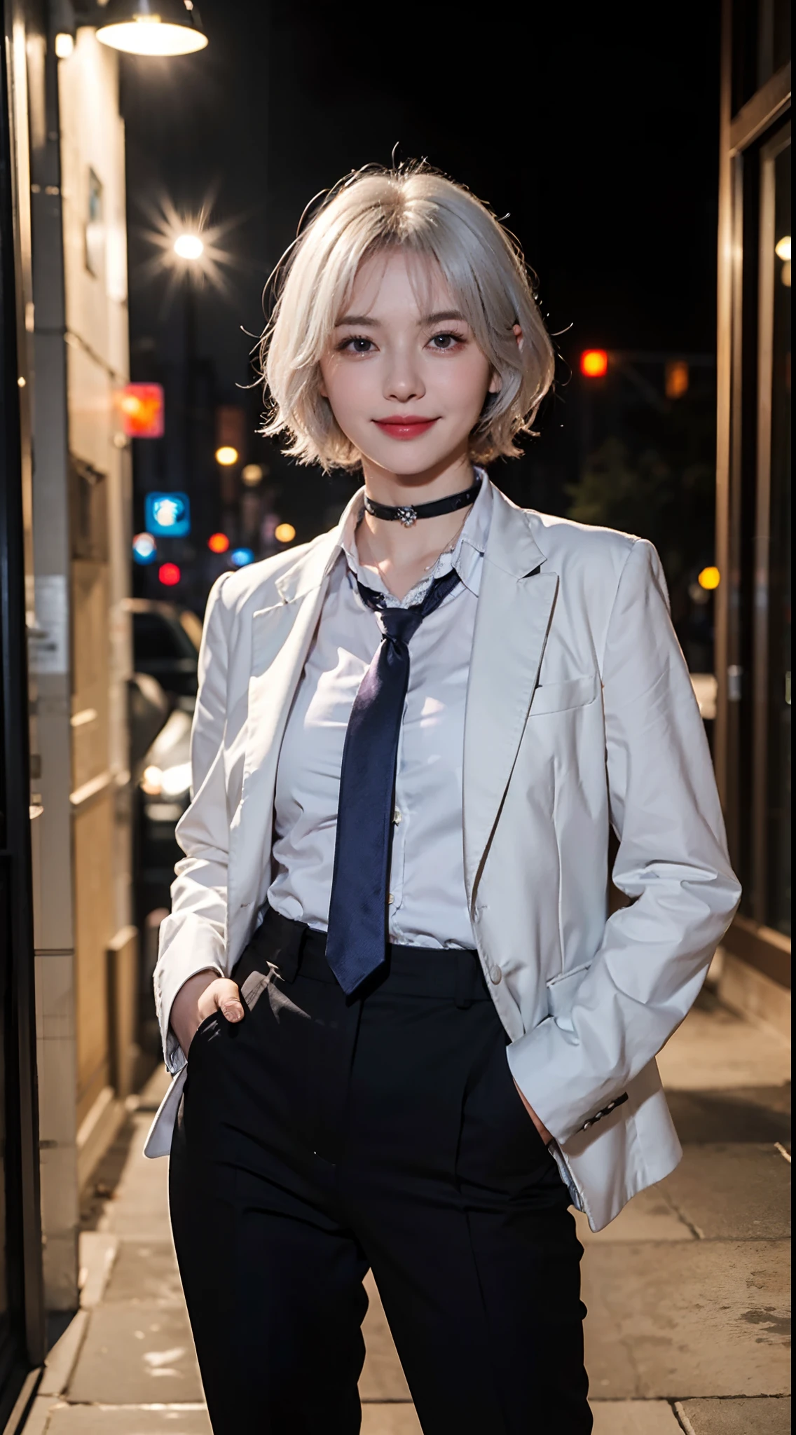 (masterpiece, best quality:1.2), cowboy shot, solo, 1girl, realistic white hair, short wavy hair, purple eyes, average breasts, slender body, light smile, looking at viewer, hands in pockets, dark business suit, necktie, black pants, choker, office, night light, night time