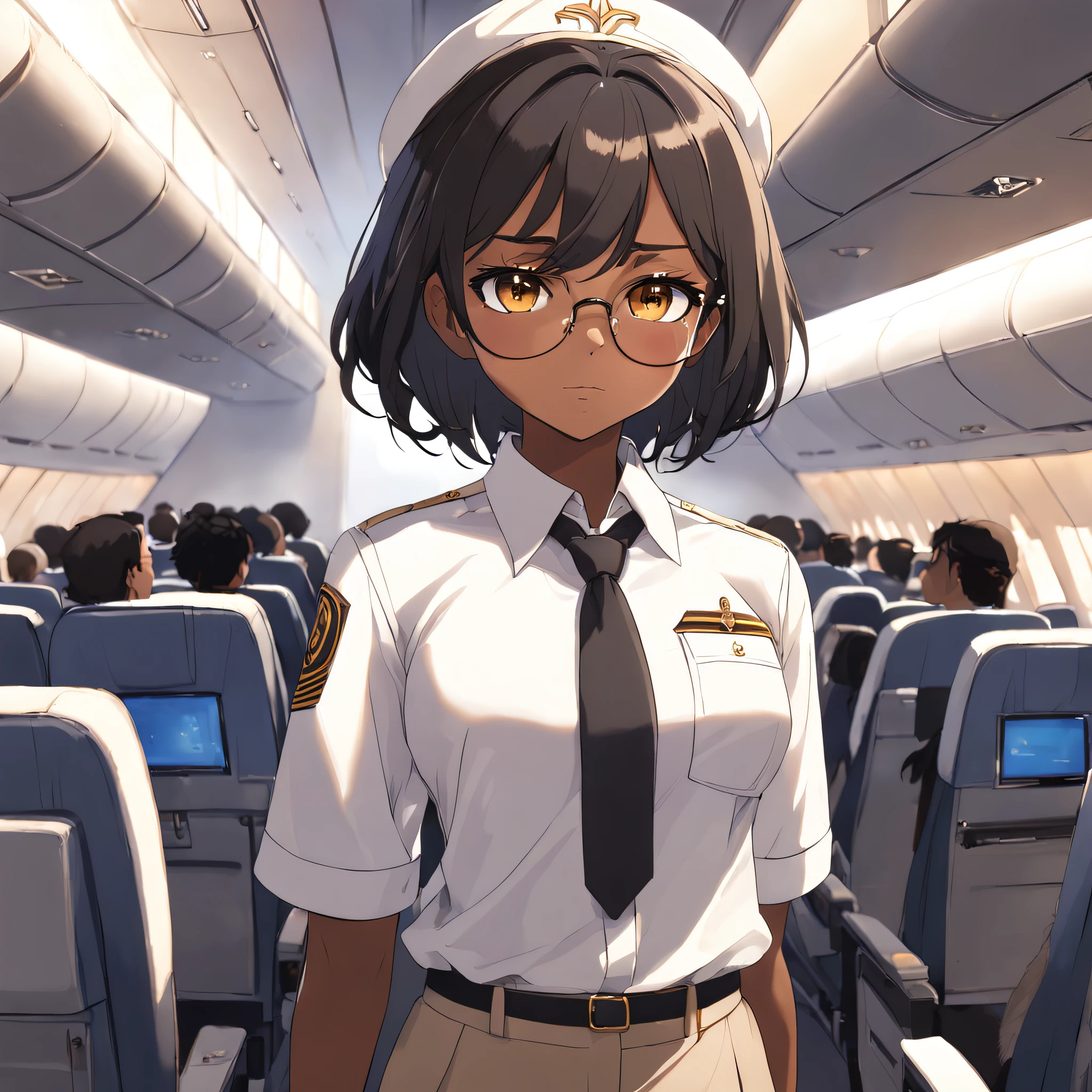 1girl, short black bob hair, yellow eyes, Round glasses, tan skin,DARK SKIN, BROWN SKIN, SHE HAS DARK BROWN SKIN, petite body, wearing plain white formal work shirt, wearing long black pants, business tie, absurdres, high res, ultrasharp, 8k, masterpiece, looking at viewer, cat ears, airline pilot uniform, airline pilot hat, white background, short sleeve, bangs, flat , whiskers, androgynous,