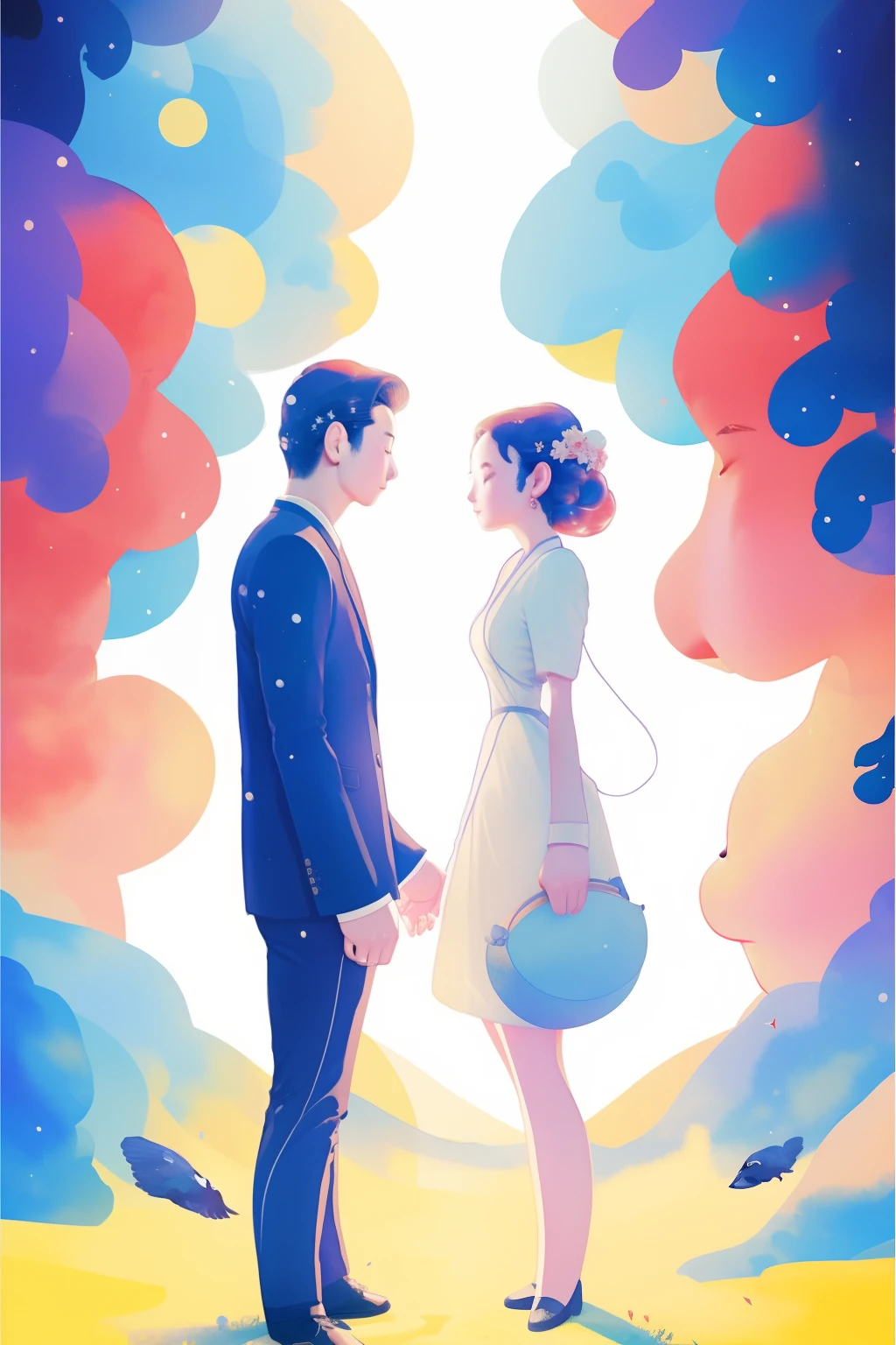 There is one(Inspired by Atey ghailan), Chengxin Haicheng art style 8K HD Qixi poster,It depicts a man and a woman meeting on a bridge,The background is cloudy,Magpies fly,Huge Full Moon,Close-up,Chinese watercolor style,The hue is bright yellow,