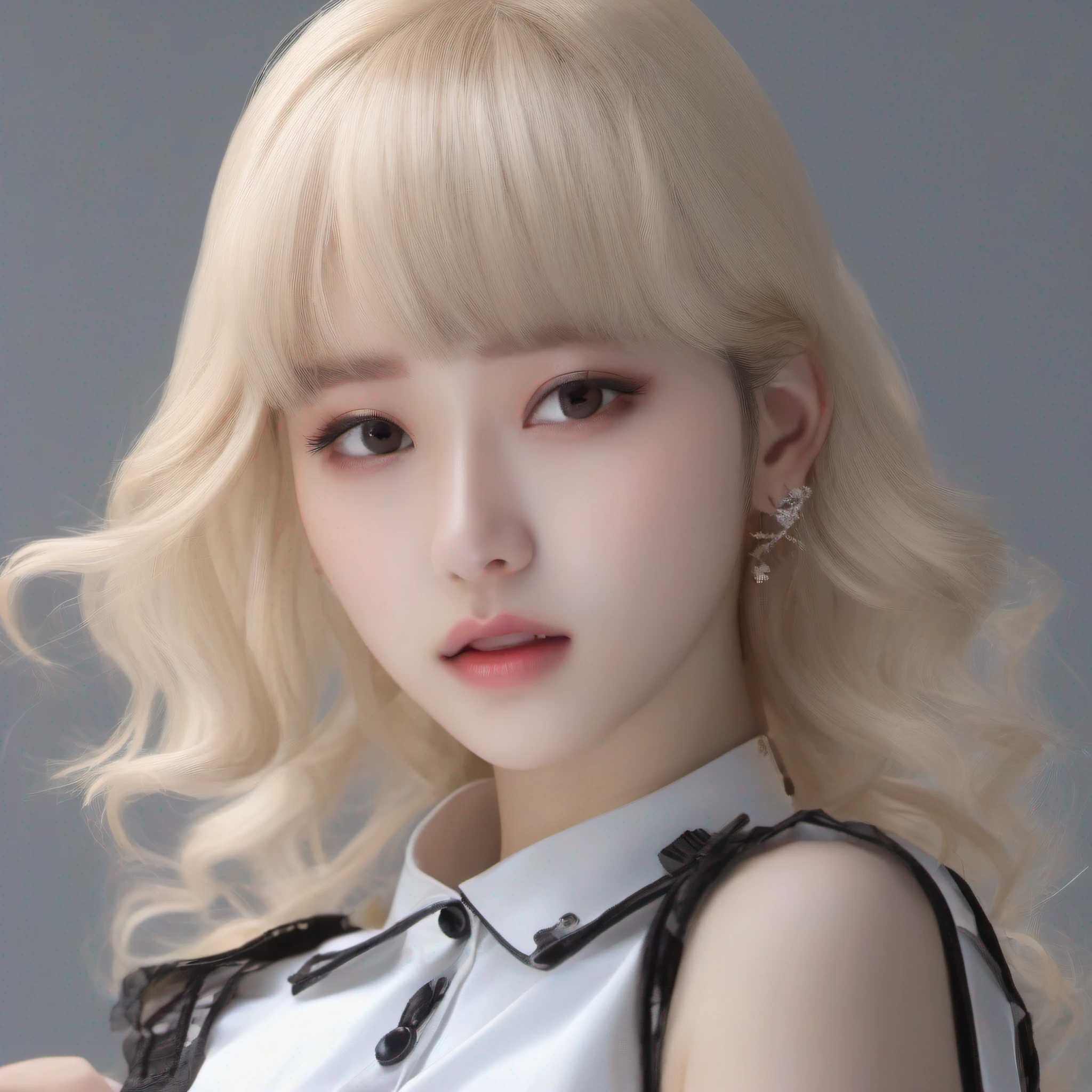 （（tmasterpiece）），8K，best qualtiy，超高分辨率，1girll，sleeveless white button shirt，smallunderboob，tit，，nedium breasts，，black micro skirt，Black collar，adolable，（perspired：0.8）（Kpop idol），（aegyo sal：1），（Platinum blonde hair：1），（（puffy eye）），It looks like in front of the audience，full bodyesbian，facing the front there