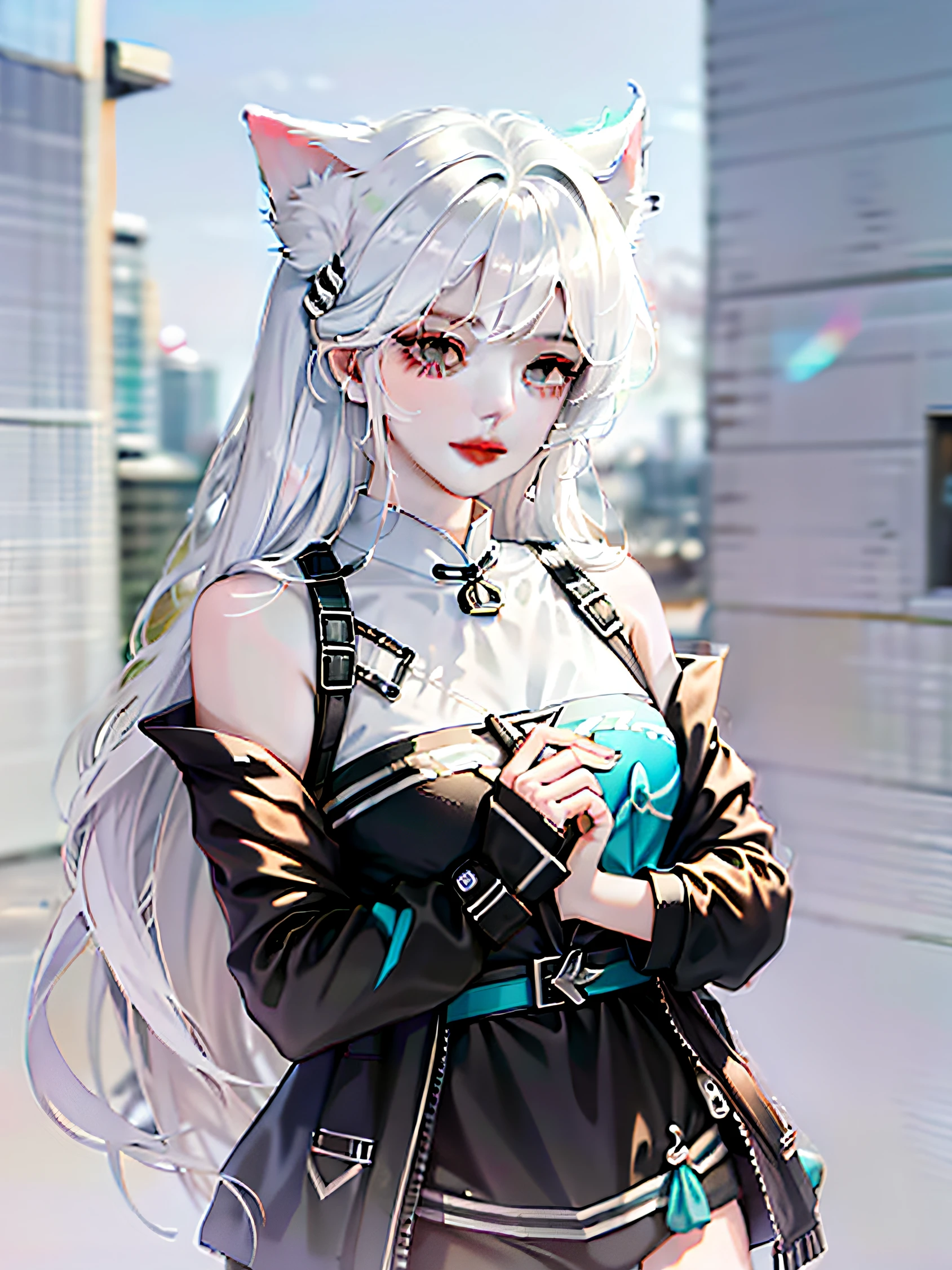 Wearing a gray coat,One shoulder is leaking,Cyan hair,There are two cat ears in front,Below is white underwear,He had a yellow bell around his neck,There is a black band on it,Wearing a short black skirt,The legs are covered with white silk