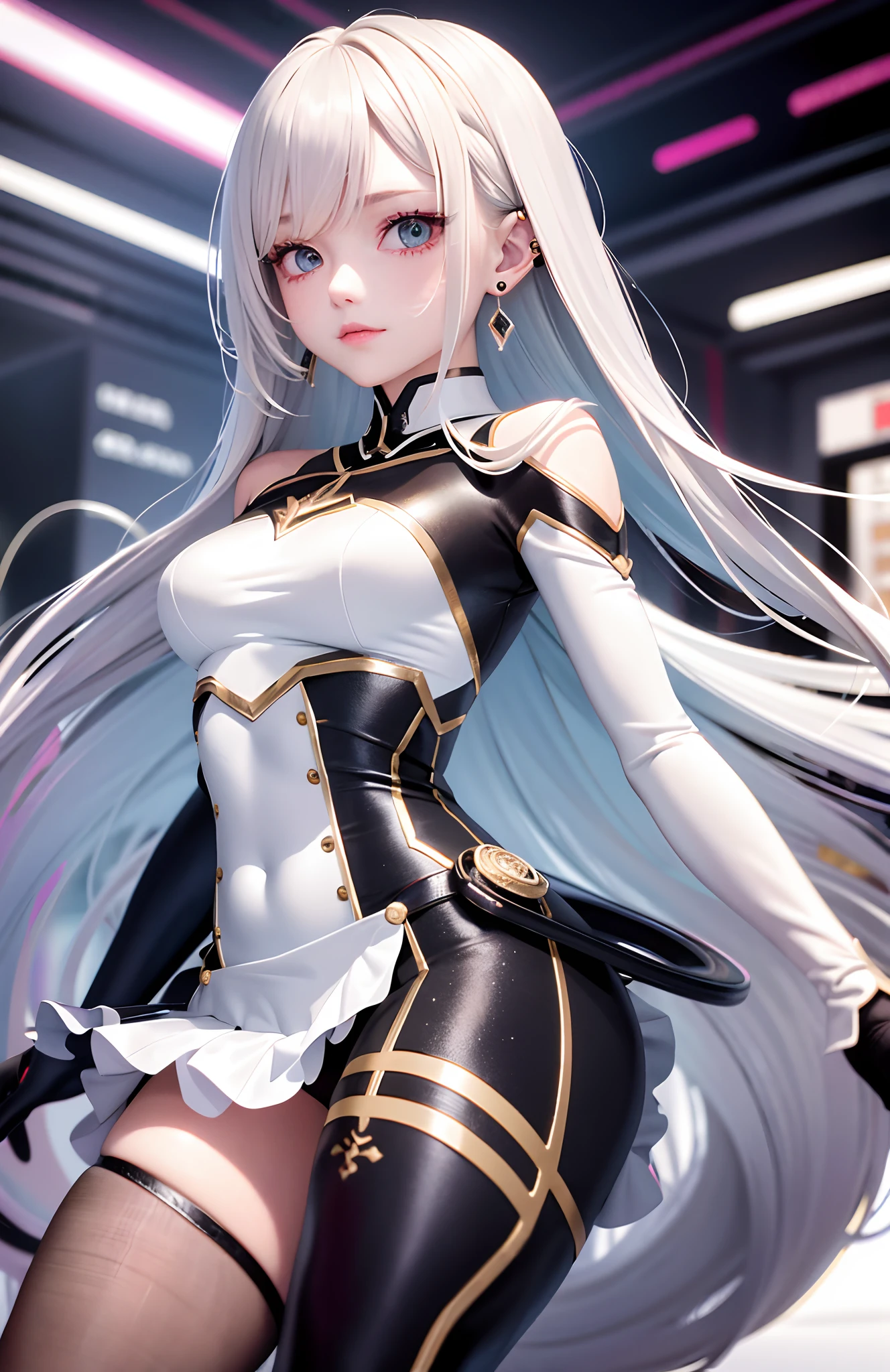 optimum,tmasterpiece,A high resolution,best qualtiy,hyper HD,super detailing,Award-Awarded,16k,独奏,(The upper part of the body),anatomy correct,Beautiful cyberpunk girl,cute face,,Gradient Beige Hair,Hairline,((Scarlet eyes)),long eyelasher,Hanging eye corners,White skin of the,(small boobs),(Slim body),((Women's extra short shawl jacket)),((tutu)),ear studs,(neck rings),(Laser material clothing:1.2)