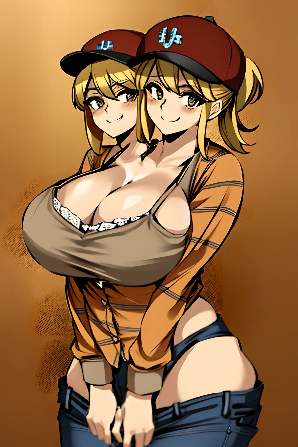 2heads, a short fat woman with 2 heads. She has enormous breasts. She is wearing a red plaid flannel shirt and jeans. She is wearing a trucker's hat. She is in a big truck. She has blonde hair in a ponytail. She has gigantic breasts. She is blushing. She is smiling wide. She has extremely huge fat enormous breasts. Her breasts are unreasonably big for her body.