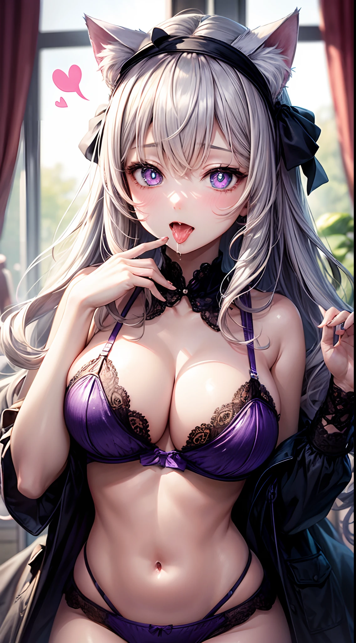 Real、top-quality、1girl in  ,Cat's ears、Headband gray hair, Wavy Hair , Saliva 、(Heart shaped pupils), orgasm 、Purple Sequin Lingerie ,Big breasts、Arms behind your head