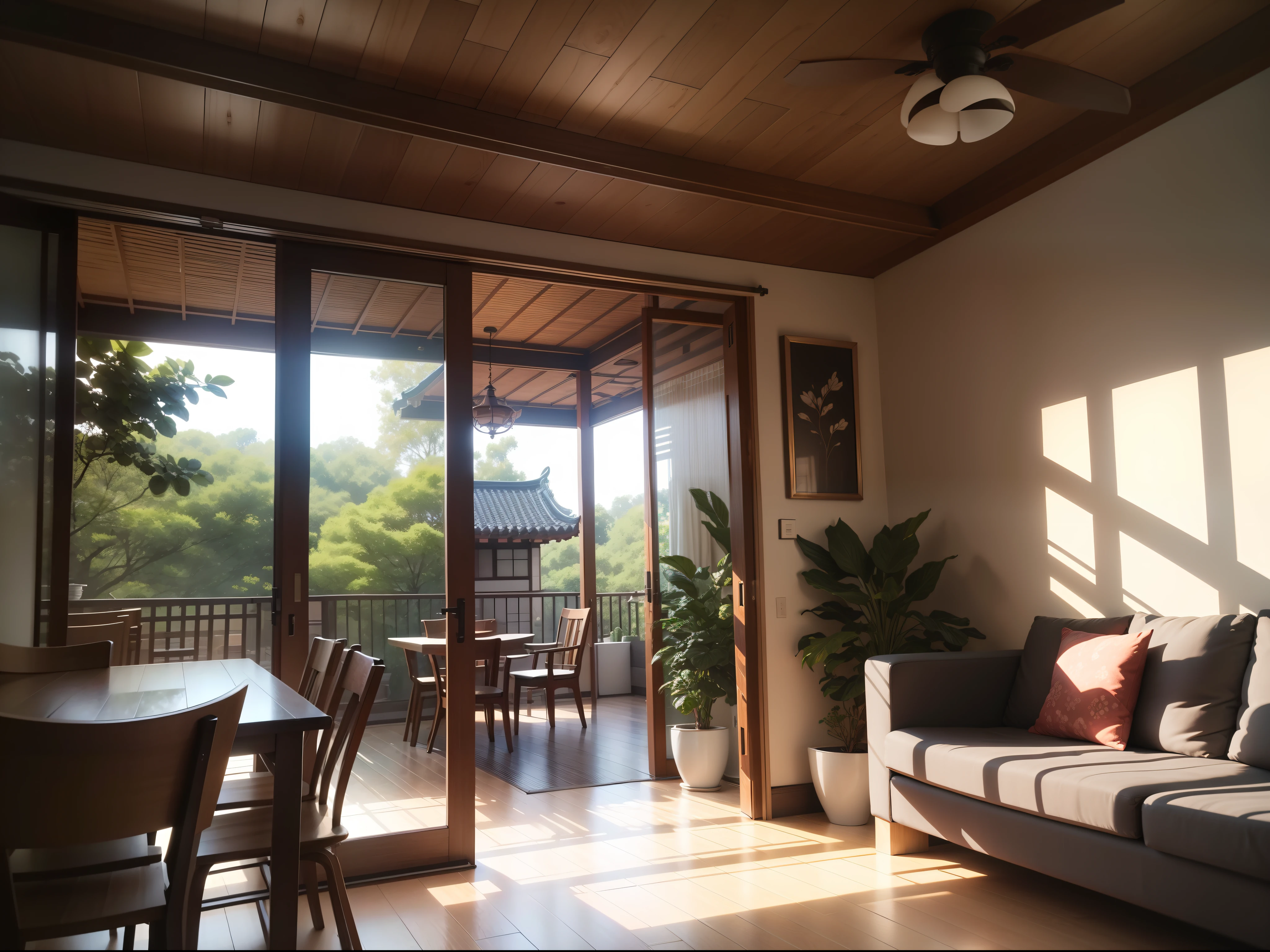 interior design、Insanely detailed wide-angle architectural photo、Cozy contemporary living room、(Bright and warm sunlight 1:0.1)、Award-winning contemporary interior design、landscapes、The table、a chair、in a house、Wooden flooring、window、resturant、east asian east asian architecture、sliding paper doors、abajour、architectural、the woods、naturey、cups、a plant、interior design、Insert lighting and shadows、depth of fields、low illuminance