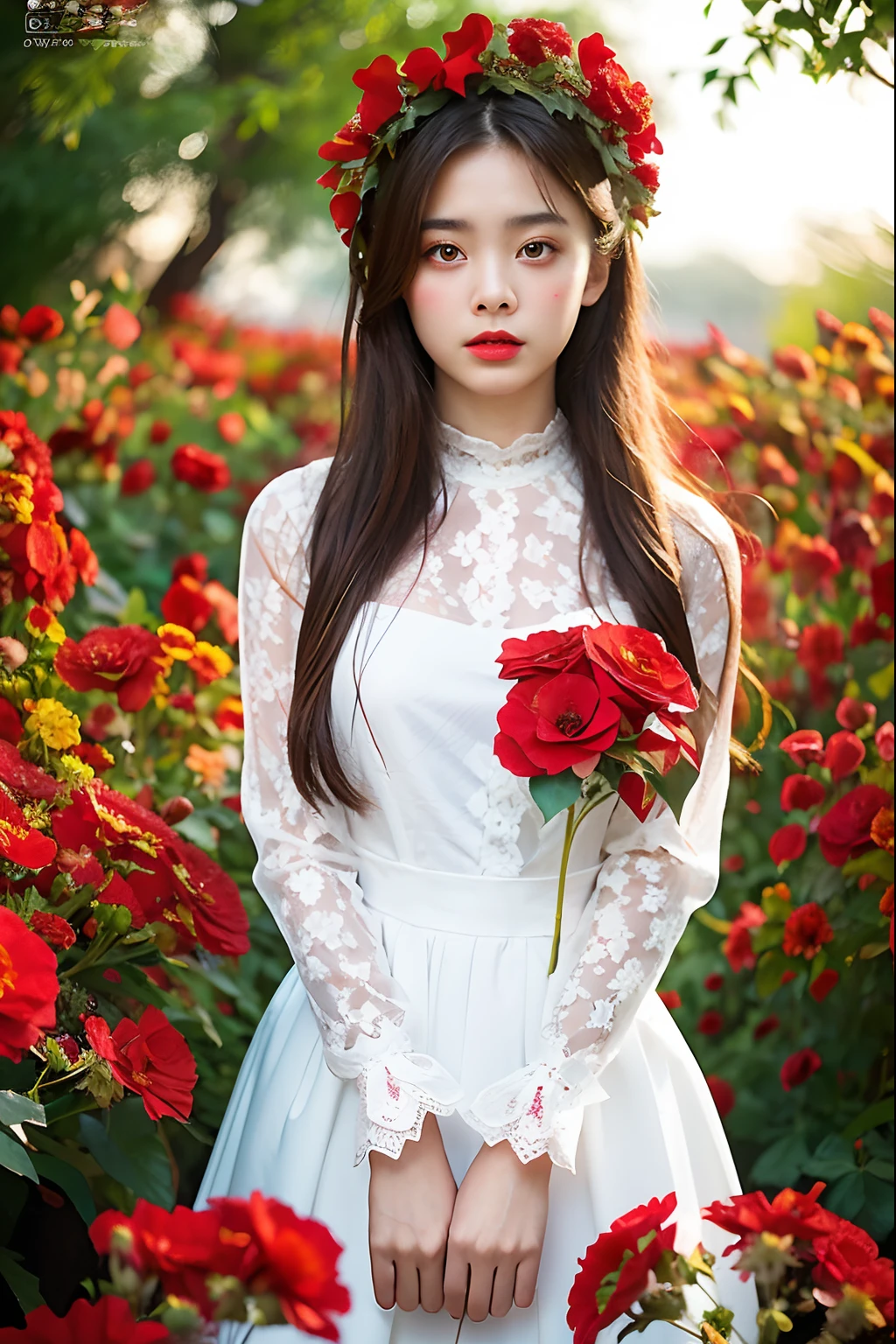 dark themed、(top-quality、masterpiece:1.2)、18 year old girl in the garden、Ultra realistic white lace long sleeve dress、(Confusion of red flowers in the background:1.3)、Pose Keeping