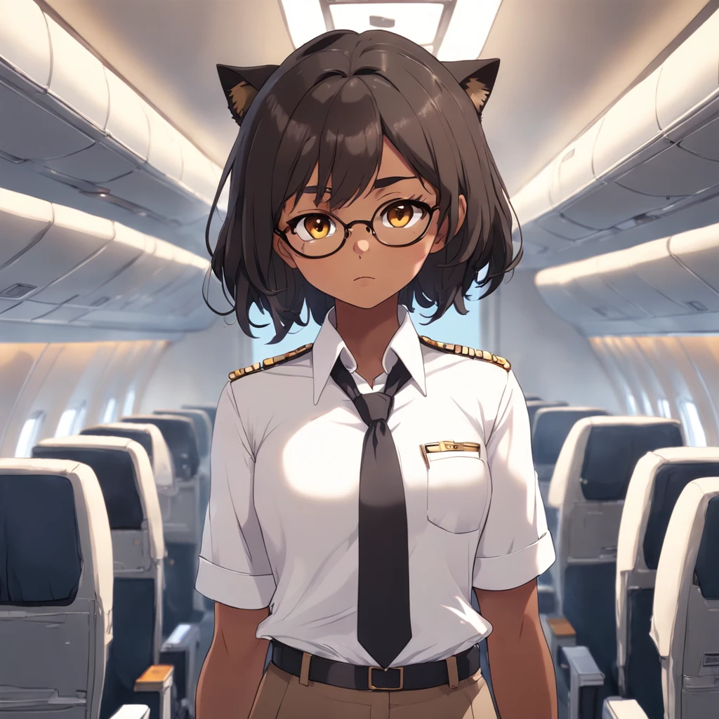 1girl, short black bob hair, yellow eyes, Round glasses, tan skin,DARK SKIN, BROWN SKIN, SHE HAS LIGHT BROWN SKIN, ite body, wearing plain white formal work shirt, wearing long black pants, business tie, absurdres, high res, ultrasharp, 8k, masterpiece, looking at viewer, cat ears, airline pilot uniform, airline pilot hat, white background, short sleeve, bangs, flat chest, whiskers, androgynous,